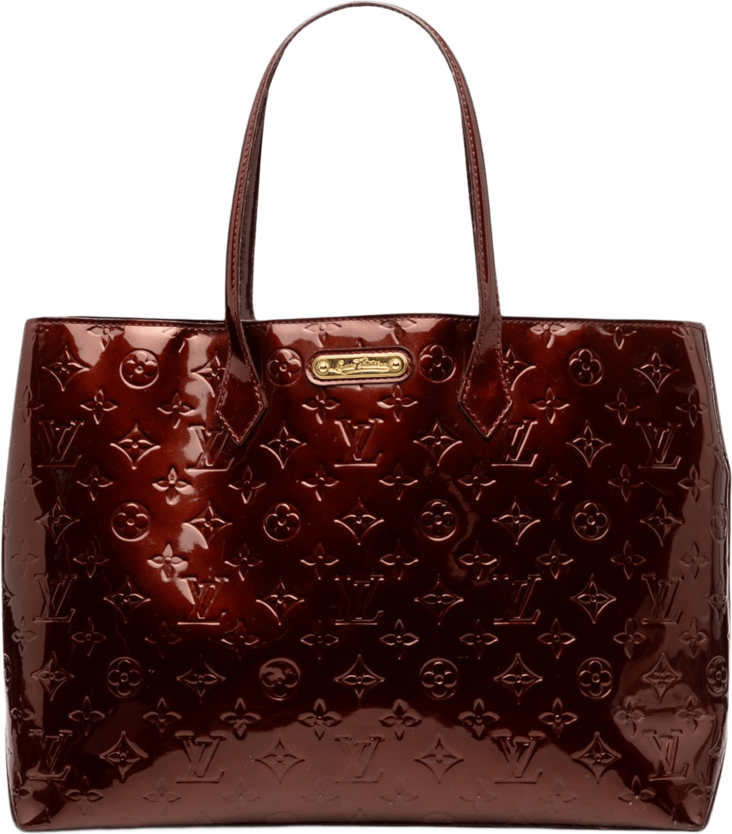 Louis Vuitton Monogram Vernis Wilshire Mm, från Luxclusif, i färgen burgundy.