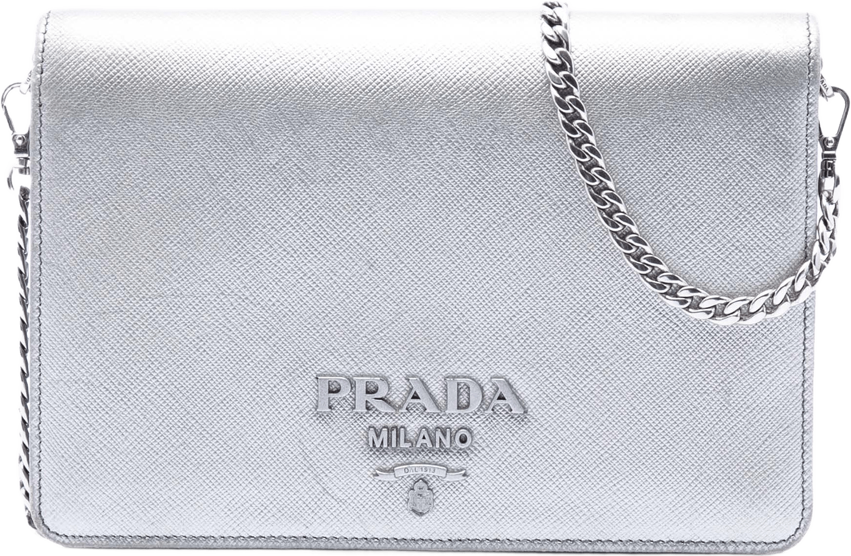 Prada Metallic Saffiano Lux Wallet On Chain, från Luxclusif, i färgen silver.