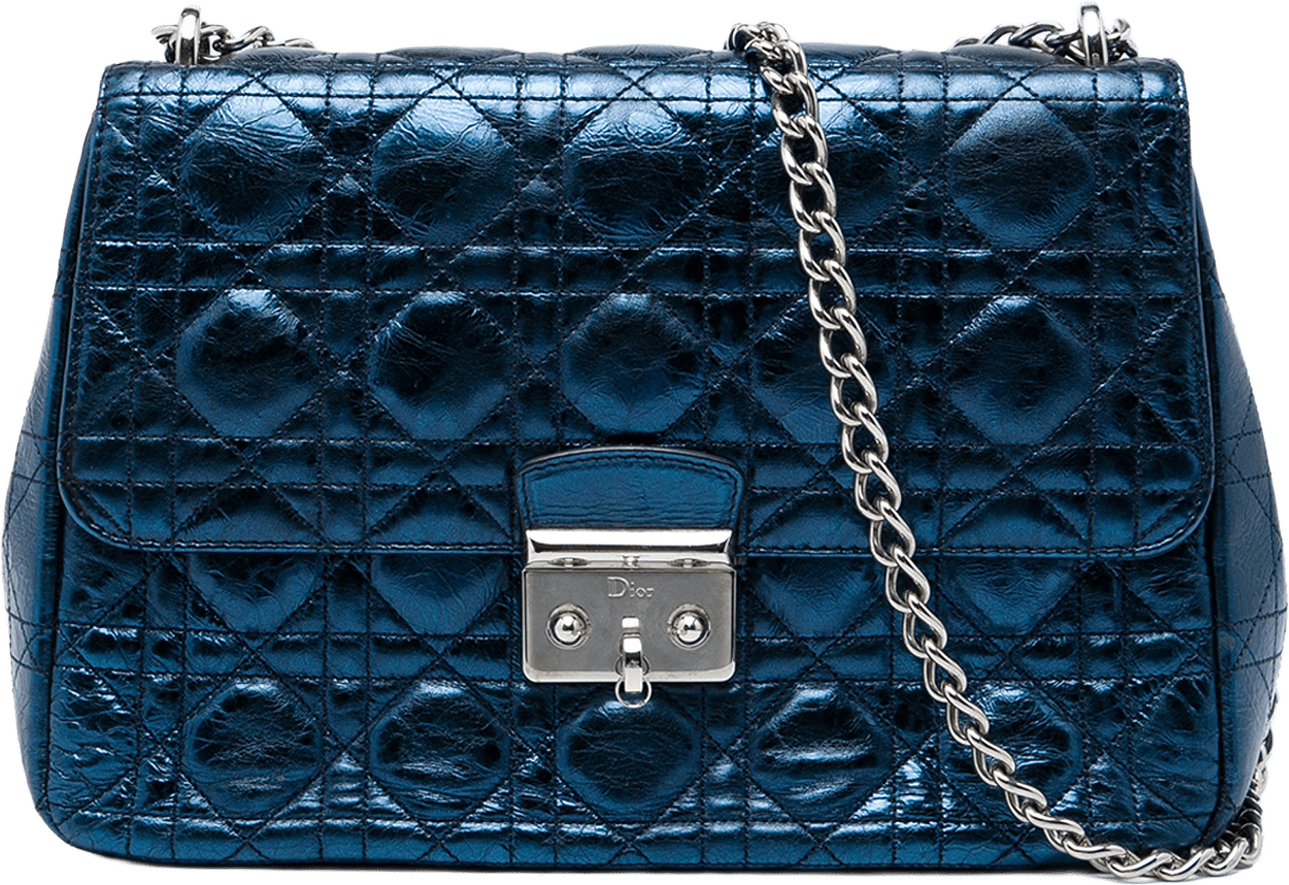 Dior Large Metallic Aged Calfskin Cannage Miss Dior Flap, från Luxclusif, i färgen blå.