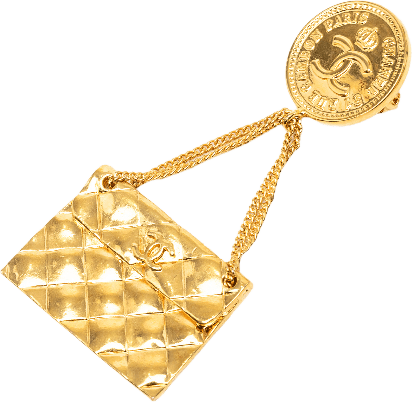 Chanel Cc Gold Plated Quilted Flap Bag Medallion Brooch, från Luxclusif, i färgen guld.
