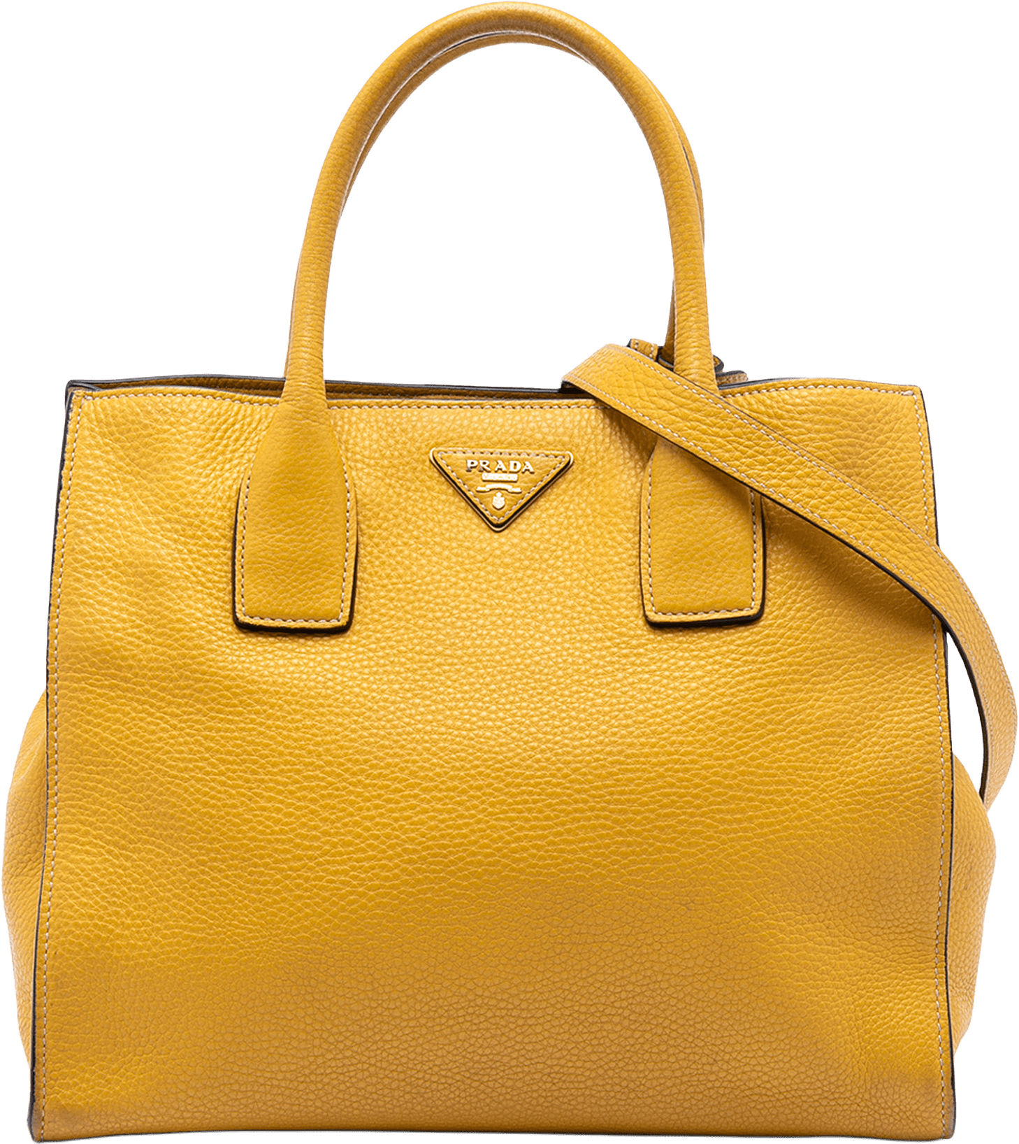 Prada Vitello Daino Open Convertible Tote, från Luxclusif, i färgen mustard.