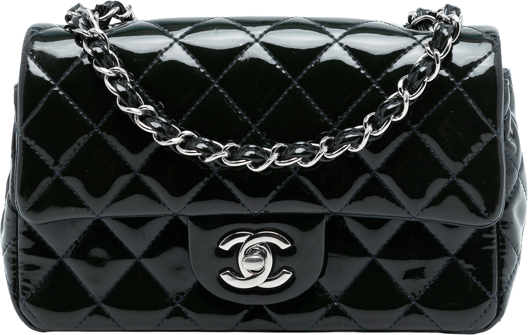 Chanel Mini Rectangular Classic Patent Single Flap, från Luxclusif, i färgen black.