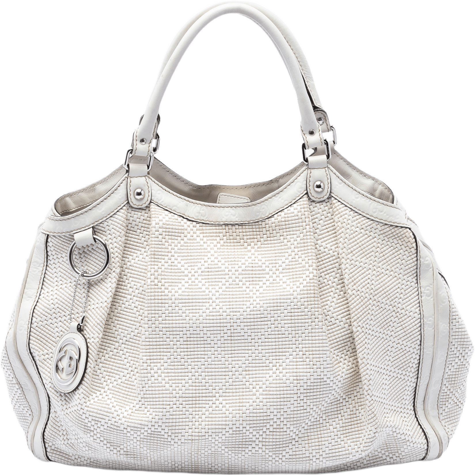 Gucci Large Diamante Raffia Sukey Tote, från Luxclusif, i färgen vit.