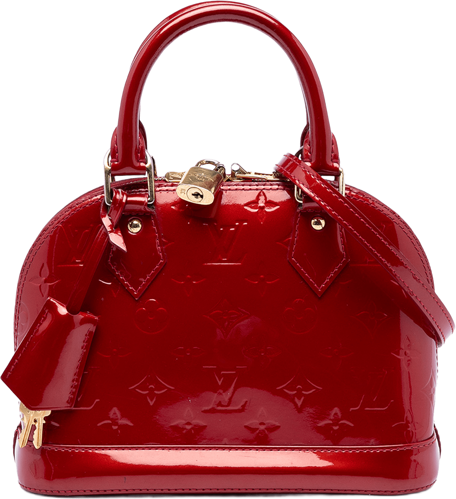 Louis Vuitton Monogram Vernis Alma Bb, från Luxclusif, i färgen red.