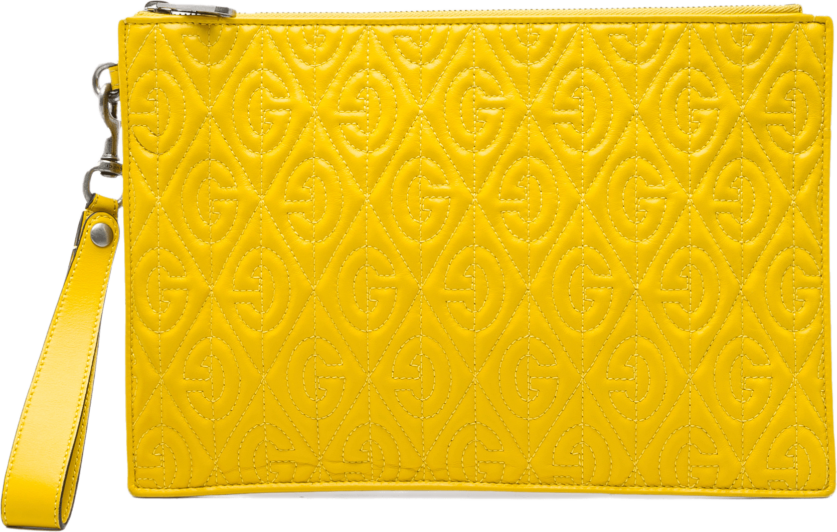 Gucci Quilted Calfskin G Rhombus Zip Clutch, från Luxclusif, i färgen gul.