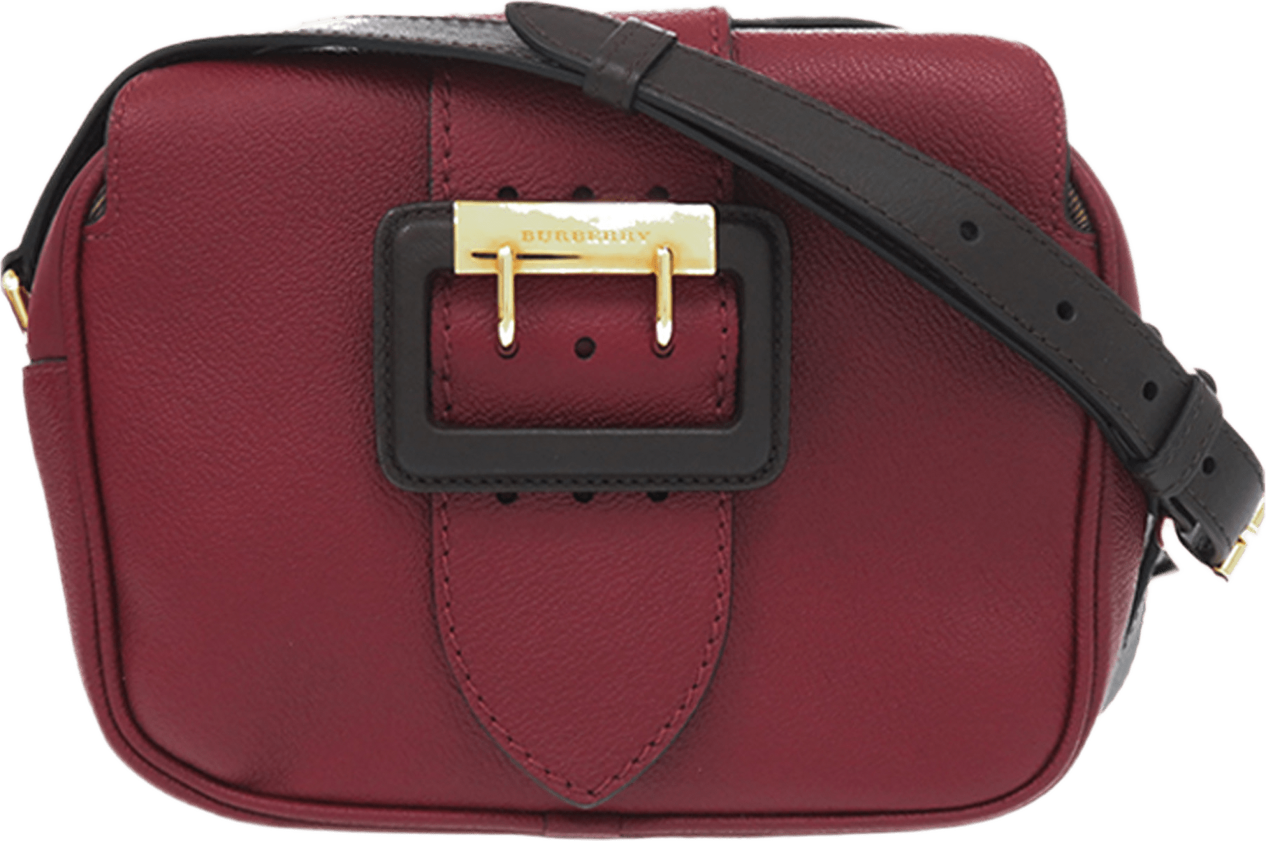 Burberry Small Leather Medley Buckle Crossbody, från Luxclusif, i färgen bordeaux.