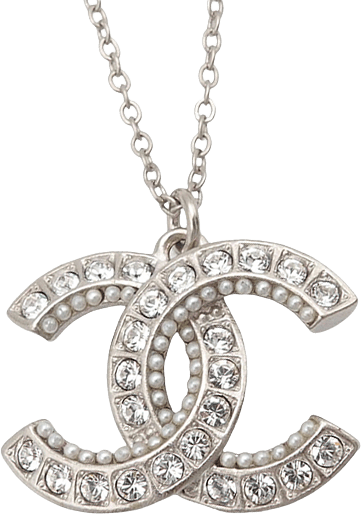 Chanel Cc Brass Strass And Faux Pearl Pendant Necklace, från Luxclusif, i färgen silver.