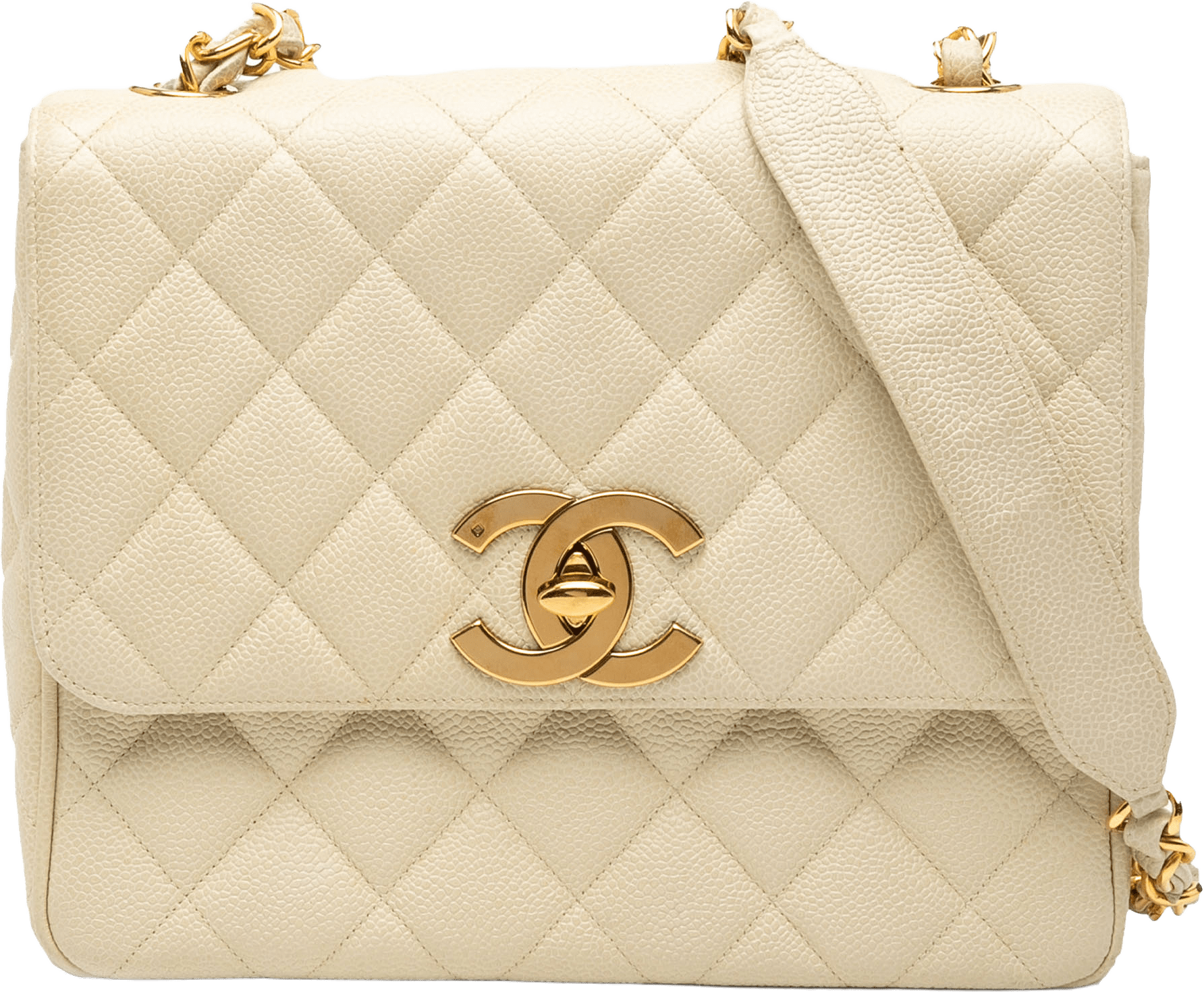Chanel Xl Cc Quilted Caviar Square Single Flap, från Luxclusif, i färgen light beige.