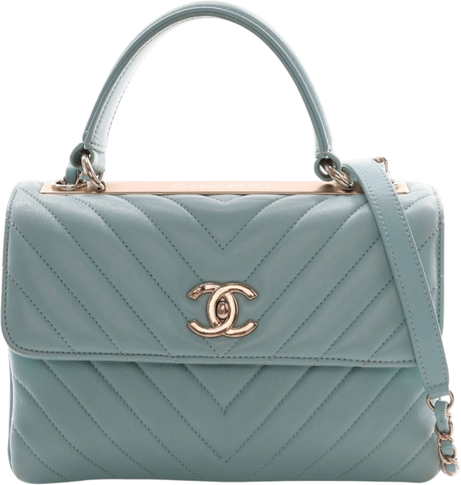 Chanel Small Chevron Lambskin Trendy Cc Top Handle Flap, från Luxclusif, i färgen light blue.