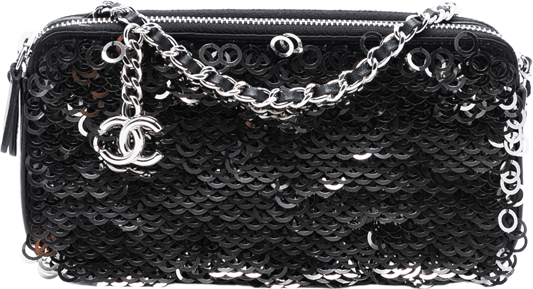 Chanel Cc Calfskin And Sequin Double Zip Wallet On Chain, från Luxclusif, i färgen black.