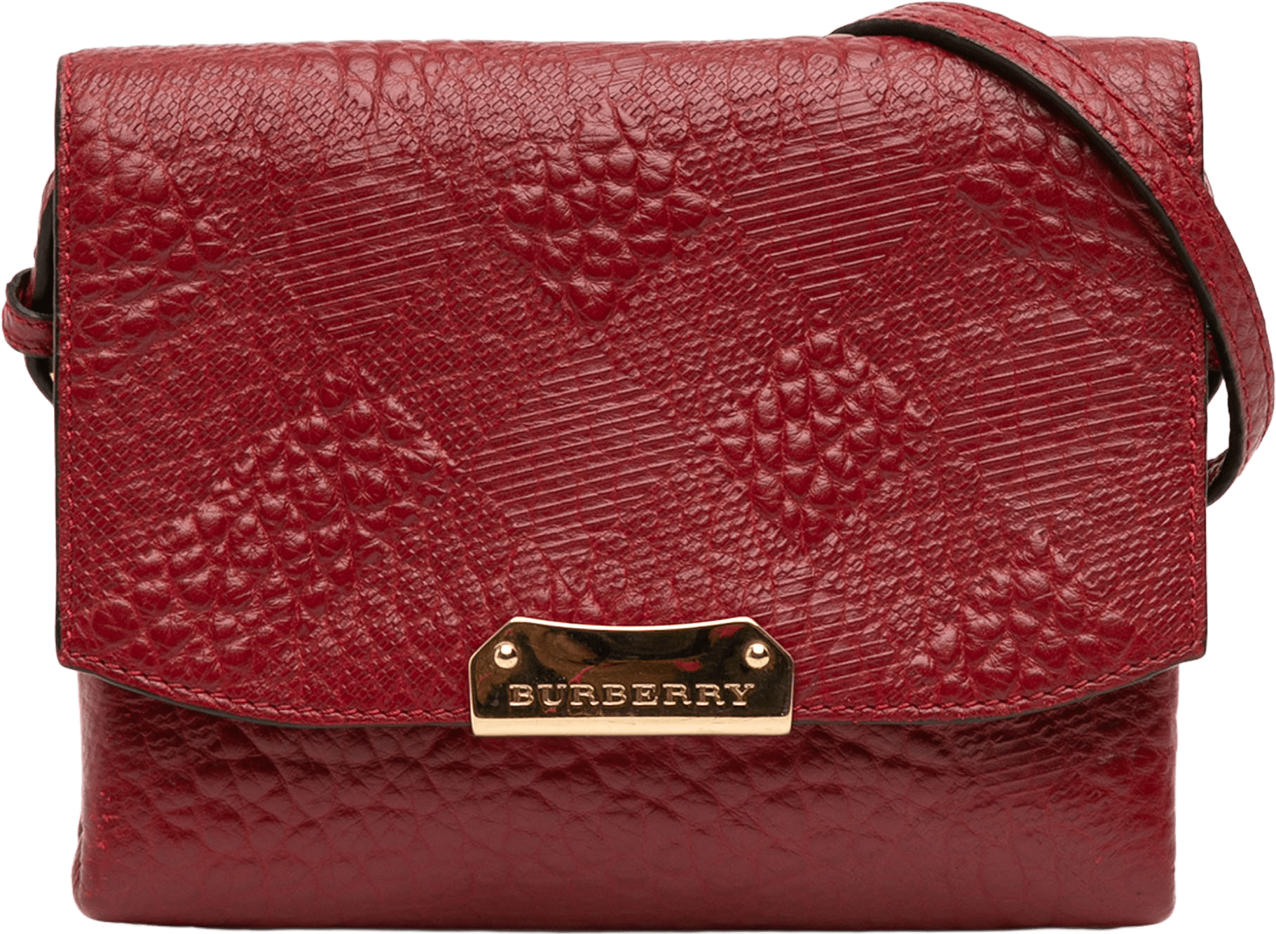 Burberry Embossed Grain Check Leather Langley Crossbody, från Luxclusif, i färgen red.
