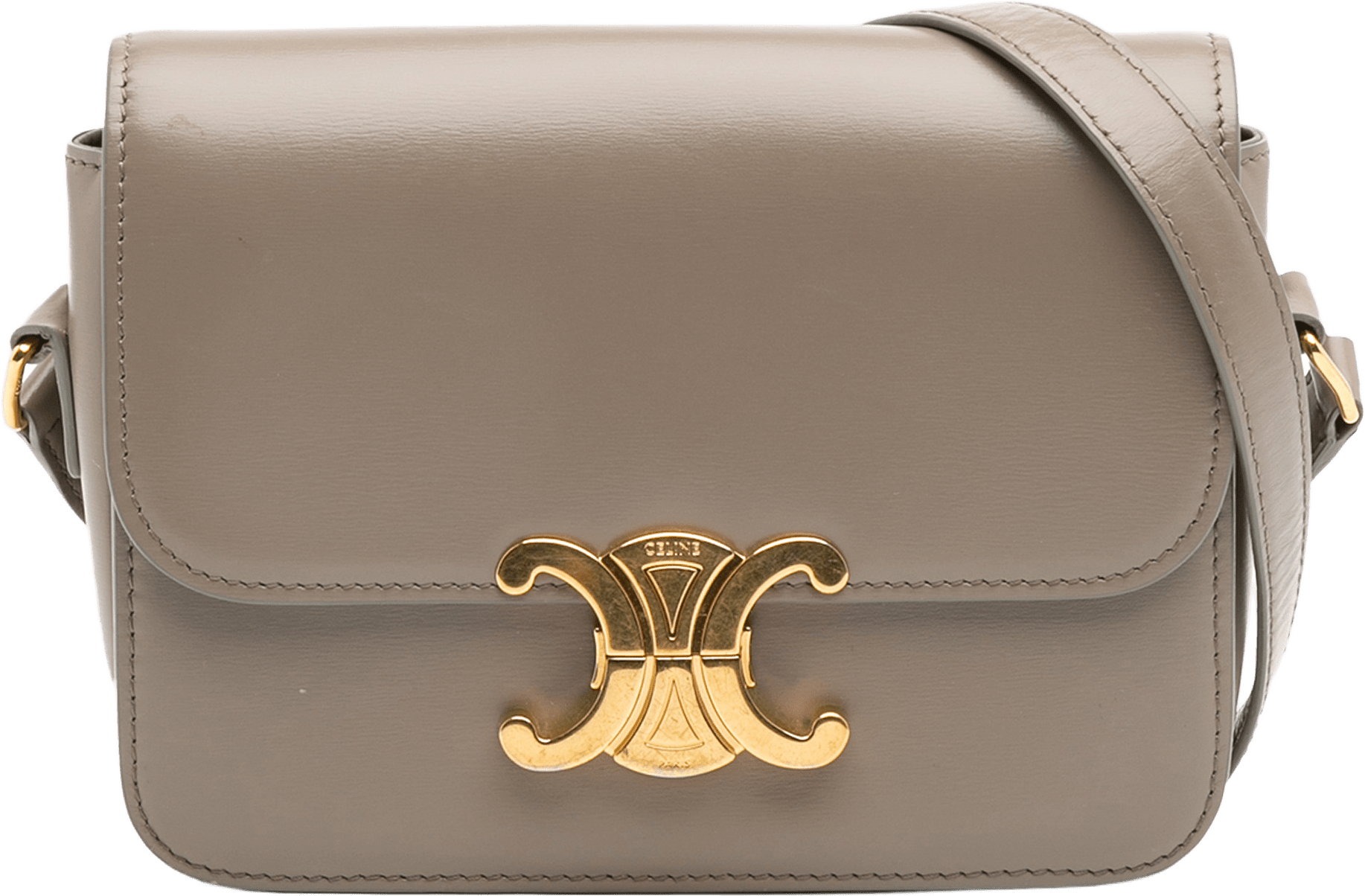 Celine Teen Shiny Calfskin Triomphe Crossbody, från Luxclusif, i färgen taupe.