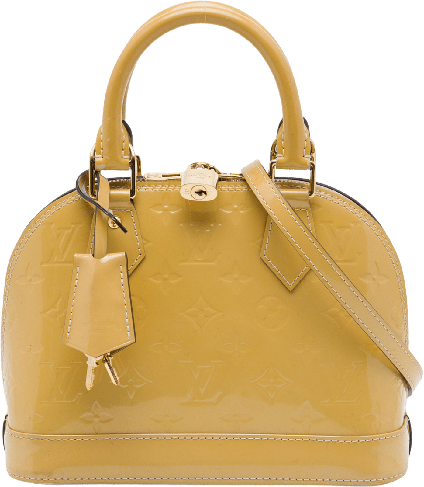 Louis Vuitton Monogram Vernis Alma Bb, från Luxclusif, i färgen gul.