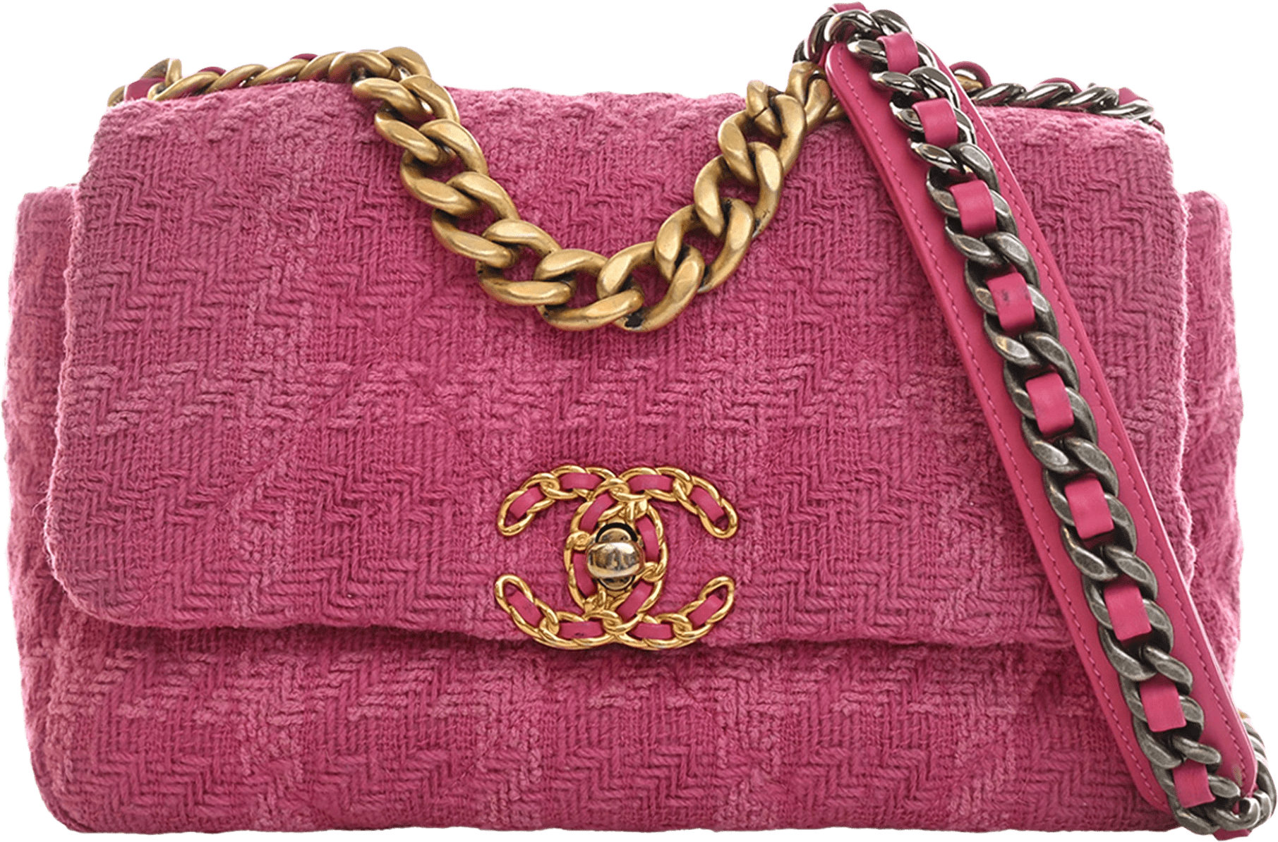 Chanel Medium Tweed 19 Flap, från Luxclusif, i färgen rosa.