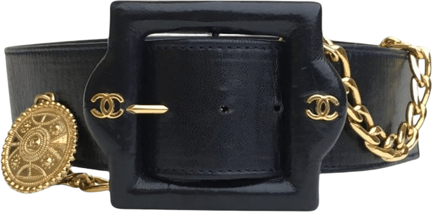 Chanel Vintage Leather Chain Belt, från Luxclusif, i färgen black.