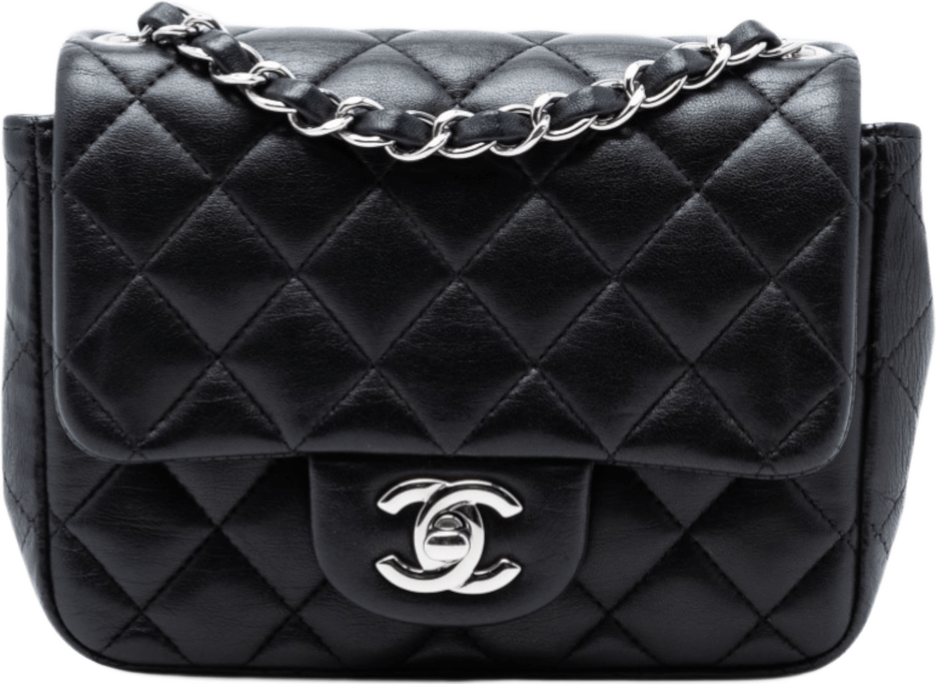 Chanel Mini Square Classic Lambskin Single Flap, från Luxclusif, i färgen black.