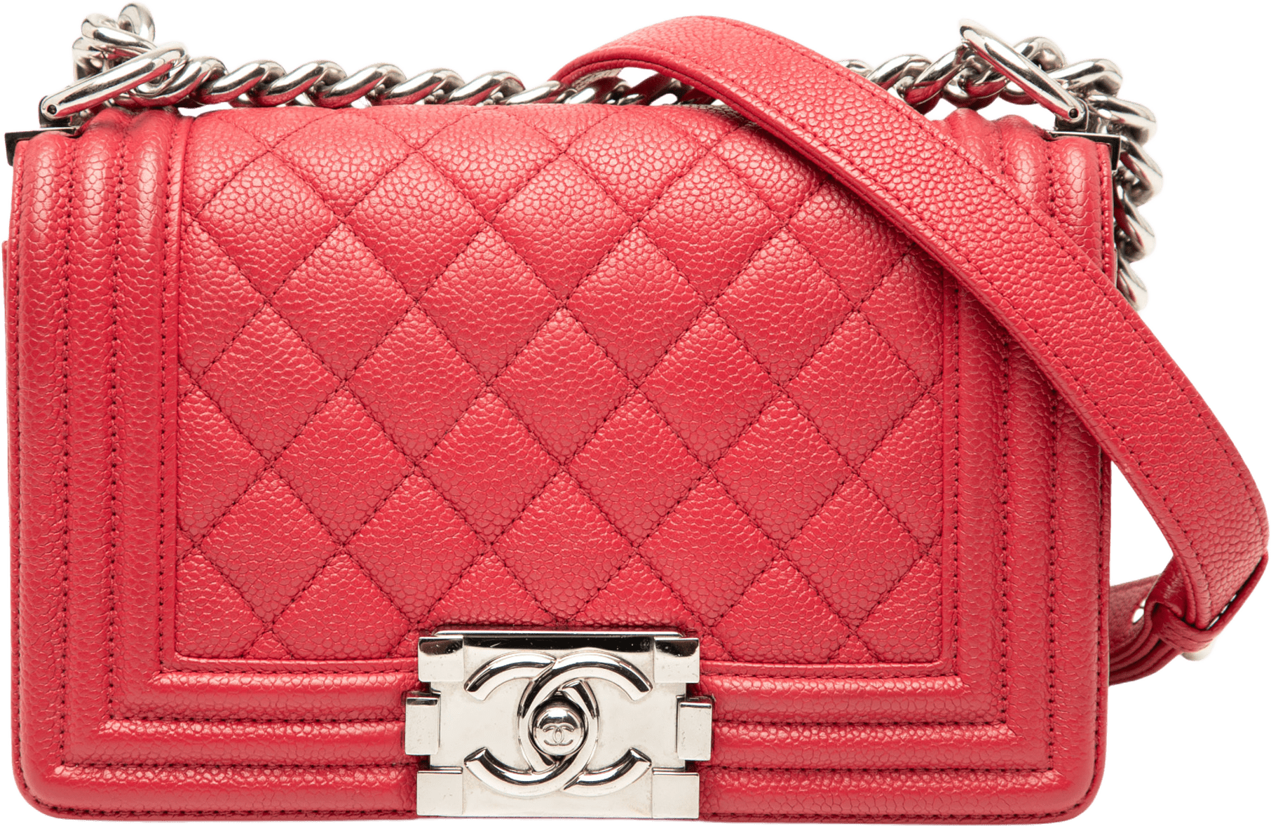 Chanel Small Quilted Caviar Boy Flap, från Luxclusif, i färgen red.