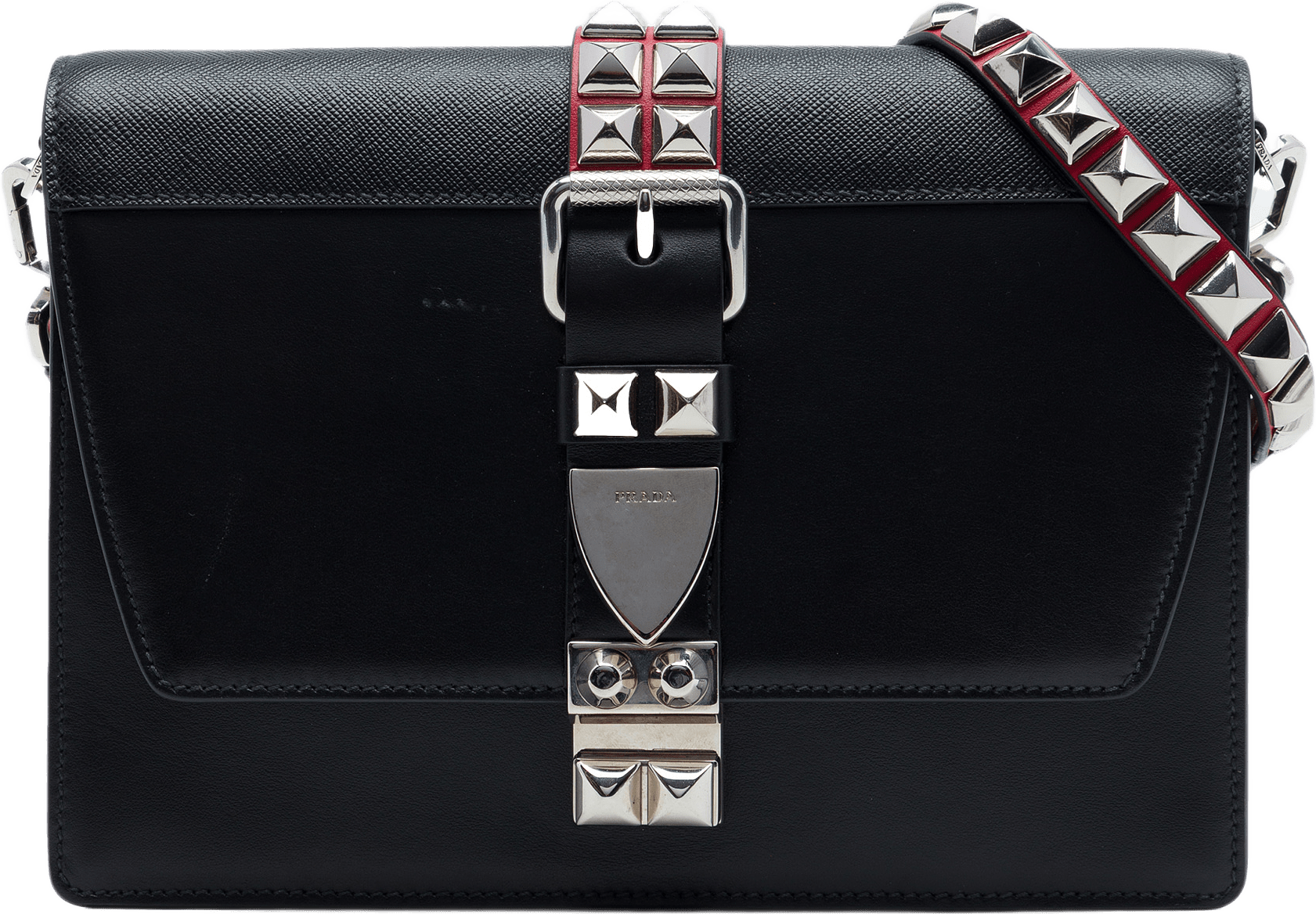 Prada City Calfskin And Saffiano Studded Elektra Crossbody, från Luxclusif, i färgen svart.