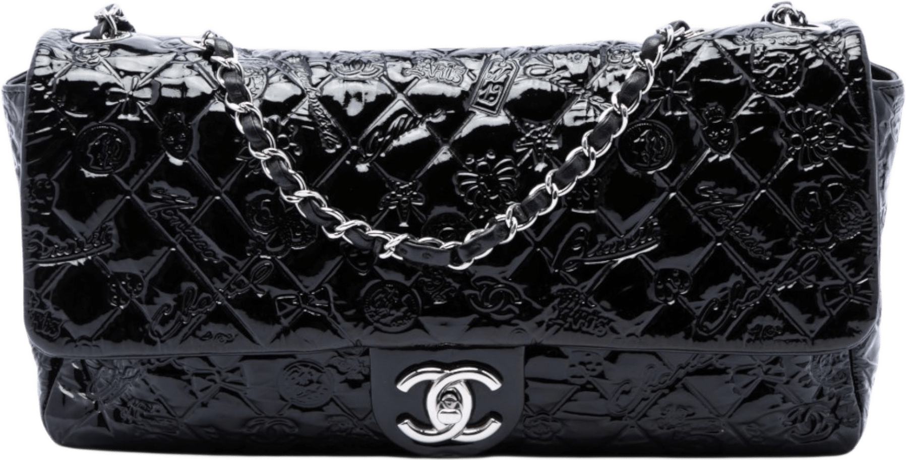 Chanel Jumbo Patent Embossed Lucky Symbols Flap, från Luxclusif, i färgen svart.