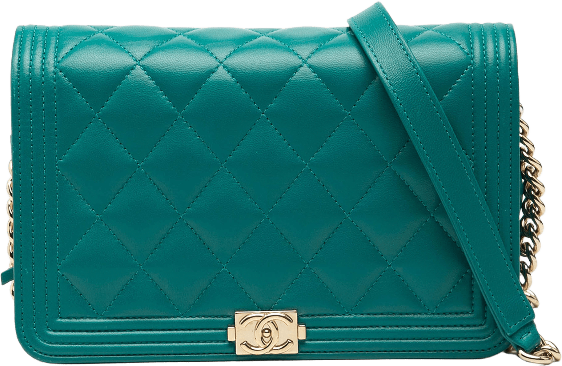 Chanel Quilted Lambskin Boy Wallet On Chain, från Luxclusif, i färgen peacock.