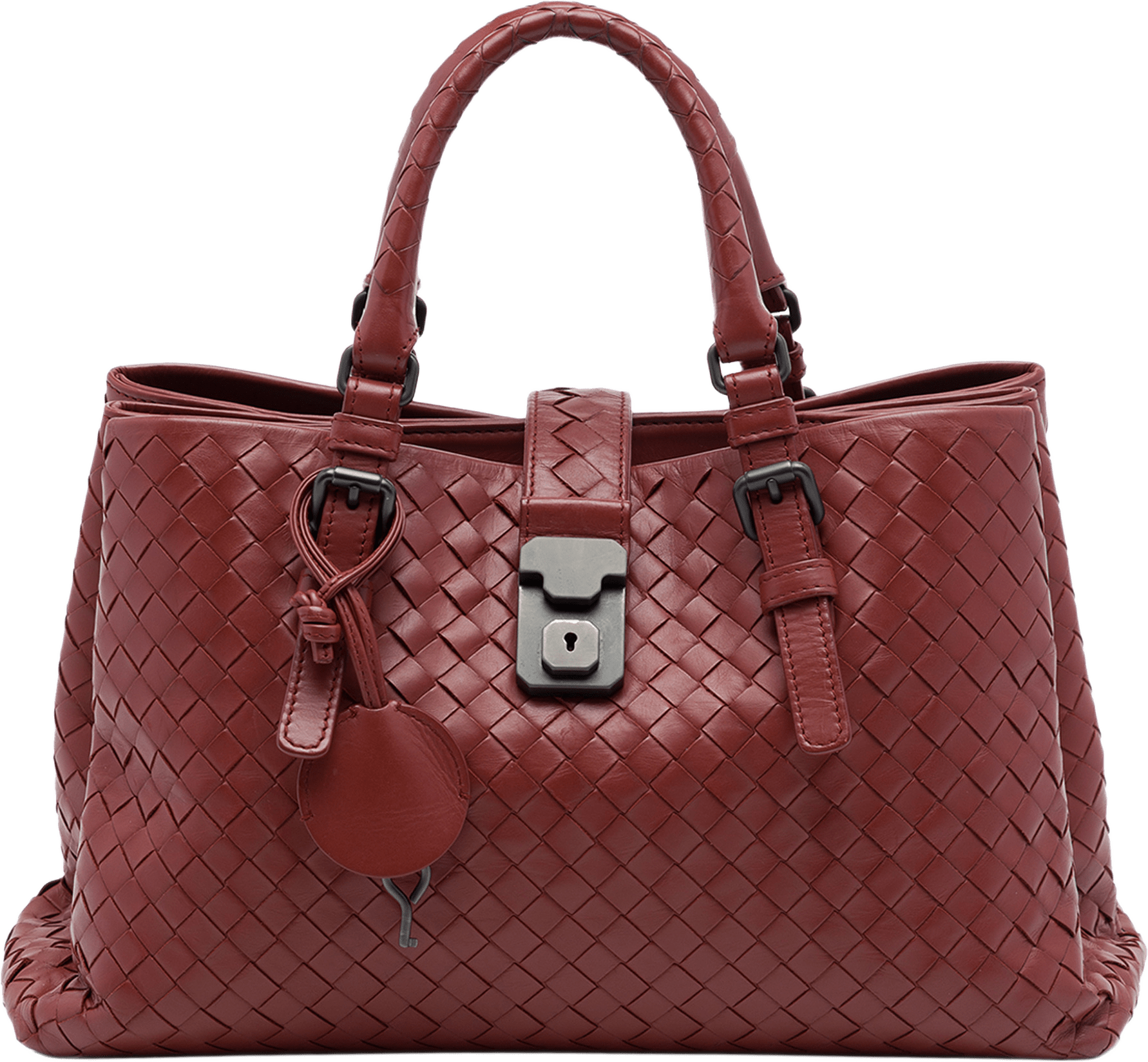 Bottega Veneta Small Nappa Intrecciato Roma Satchel, från Luxclusif, i färgen röd.