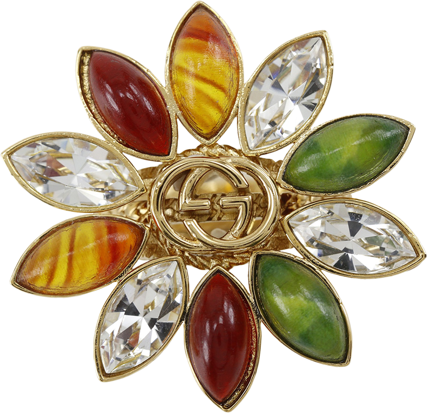 Gucci Gold Plated Strass Interlocking G Flower Ring, från Luxclusif, i färgen guld.
