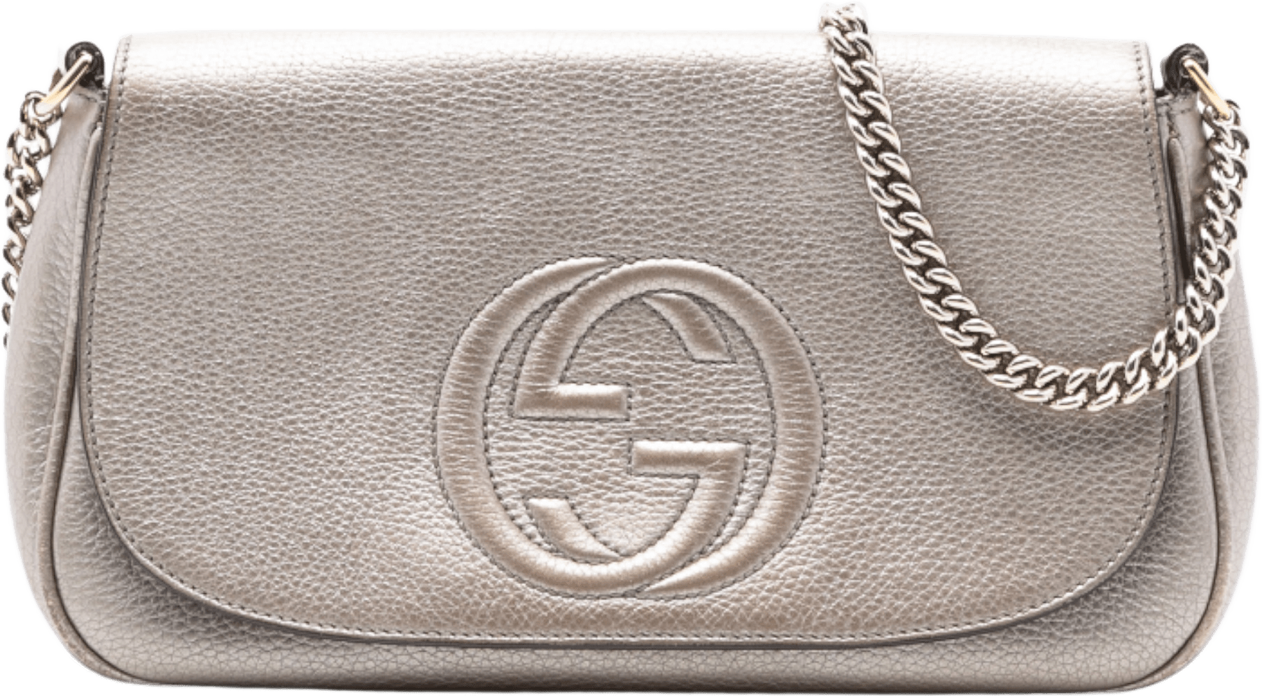 Gucci Medium Metallic Leather Soho Chain Flap Crossbody, från Luxclusif, i färgen gold.