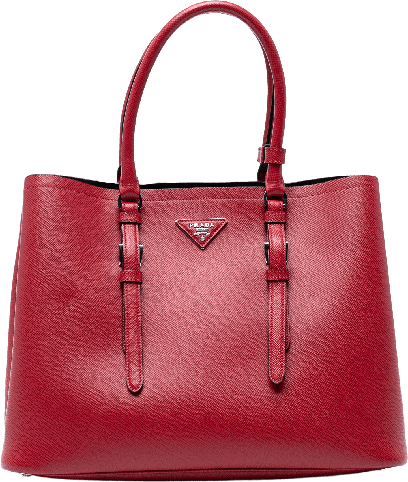 Prada Medium Saffiano Cuir Double Handle Satchel, från Luxclusif, i färgen red.