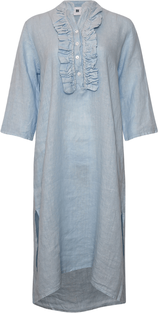 18970r, Long Shirt Dress Ruffle, Linen - Light Blue