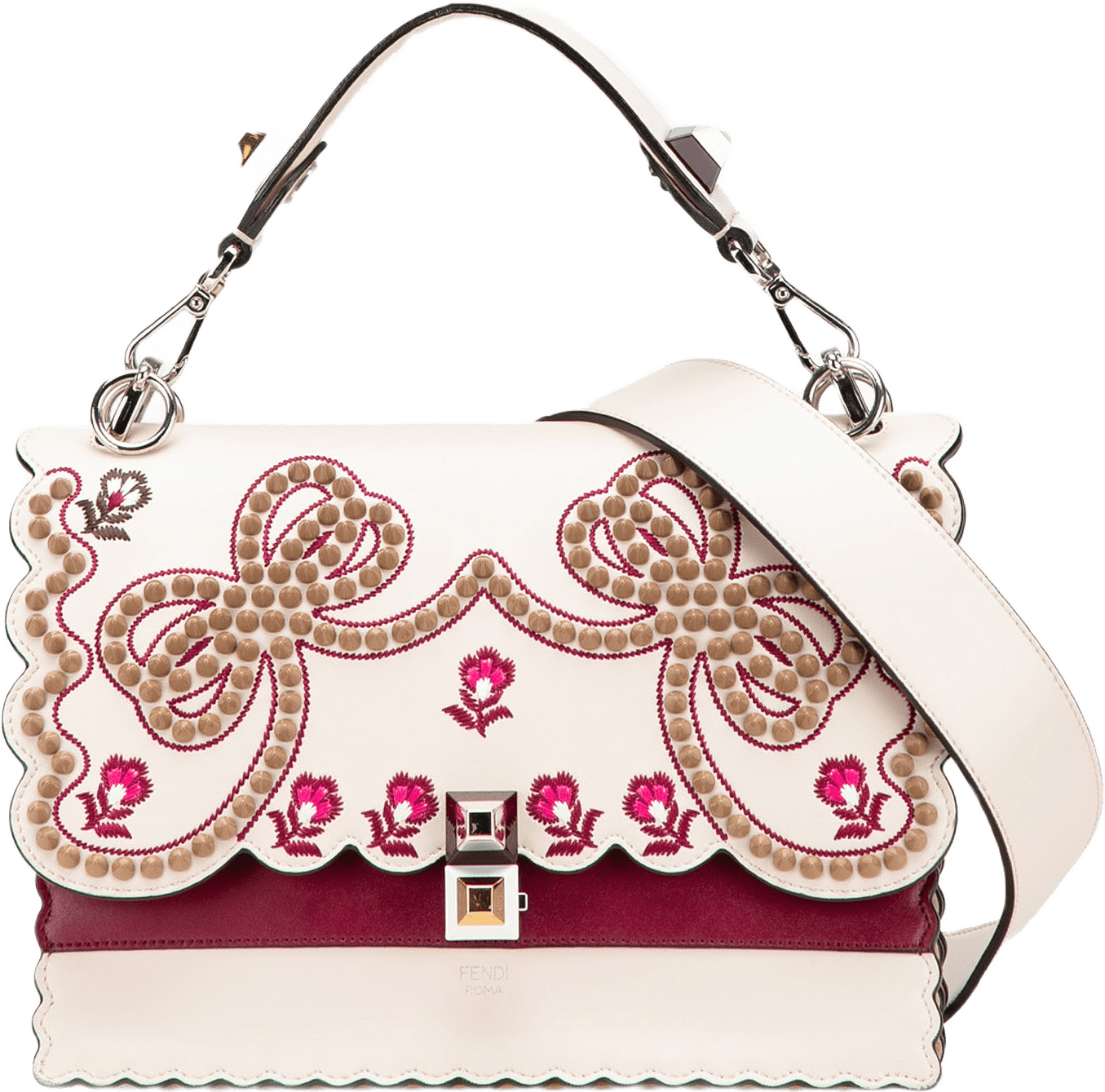Fendi Medium Vitello Liberty Lucido Flowers And Bows Scalloped Studded Kan I Satchel, från Luxclusif, i färgen light beige.
