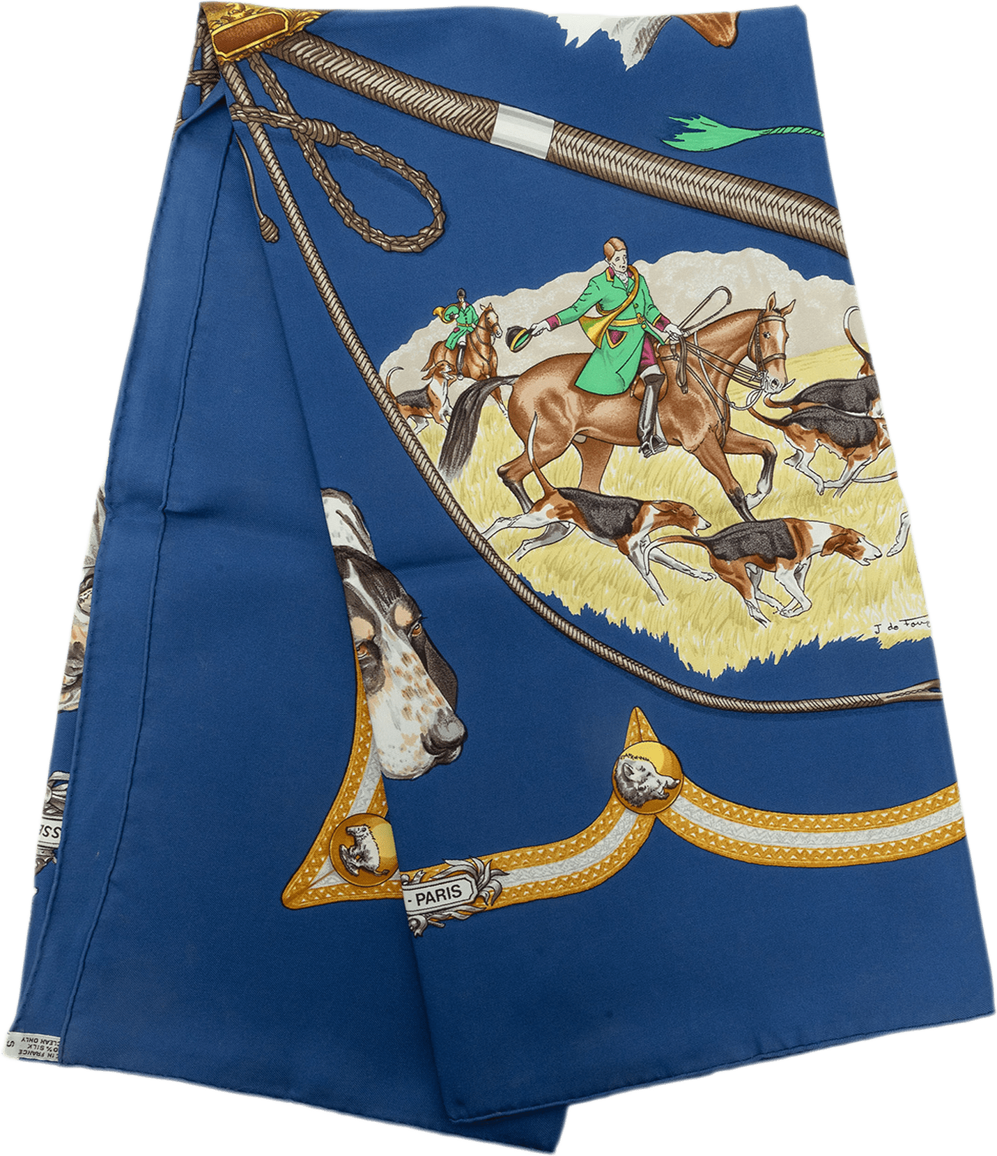 Hermès Le Laisser Courre Silk Scarf 90, från Luxclusif, i färgen blå.