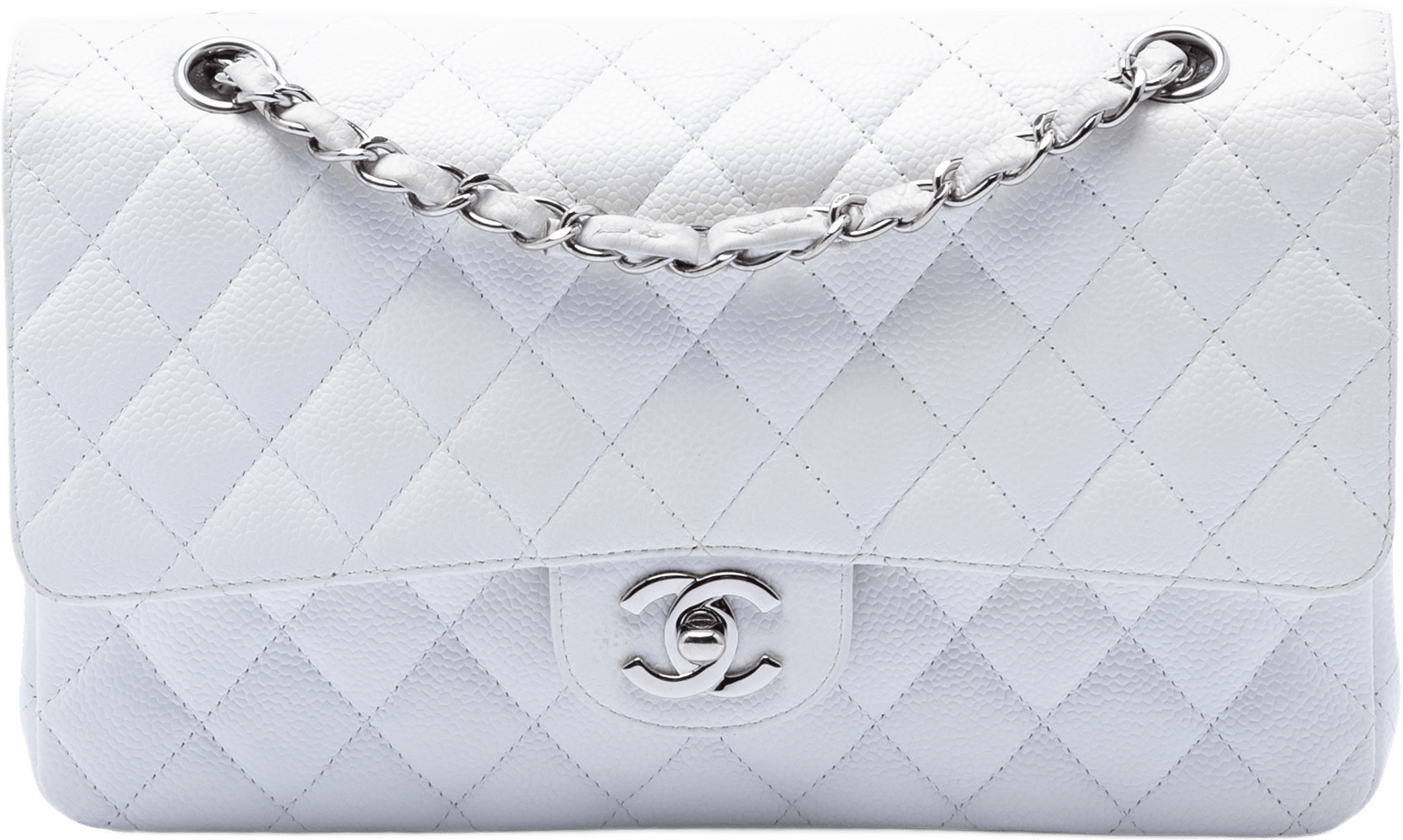 Chanel Medium Classic Caviar Double Flap, från Luxclusif, i färgen white.