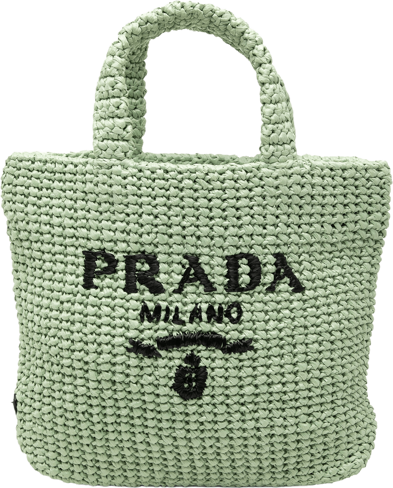 Prada Small Raffia Effect Crochet Embroidered Logo Tote, från Luxclusif, i färgen light green.