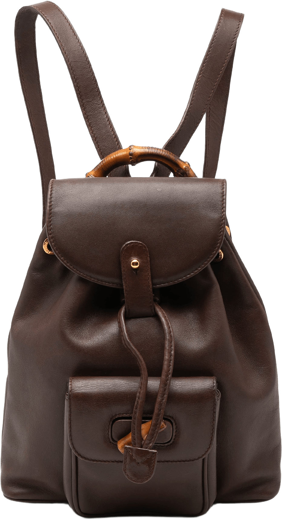 Gucci Calfskin Bamboo Drawstring Backpack, från Luxclusif, i färgen dark brown.