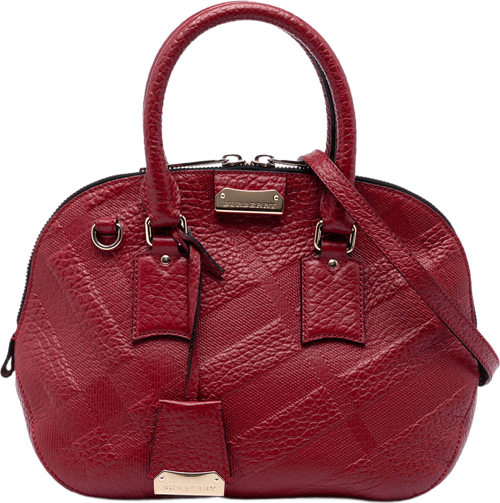 Burberry Small Heritage Grain Check Embossed Leather Orchard Bowling Bag, från Luxclusif, i färgen red.