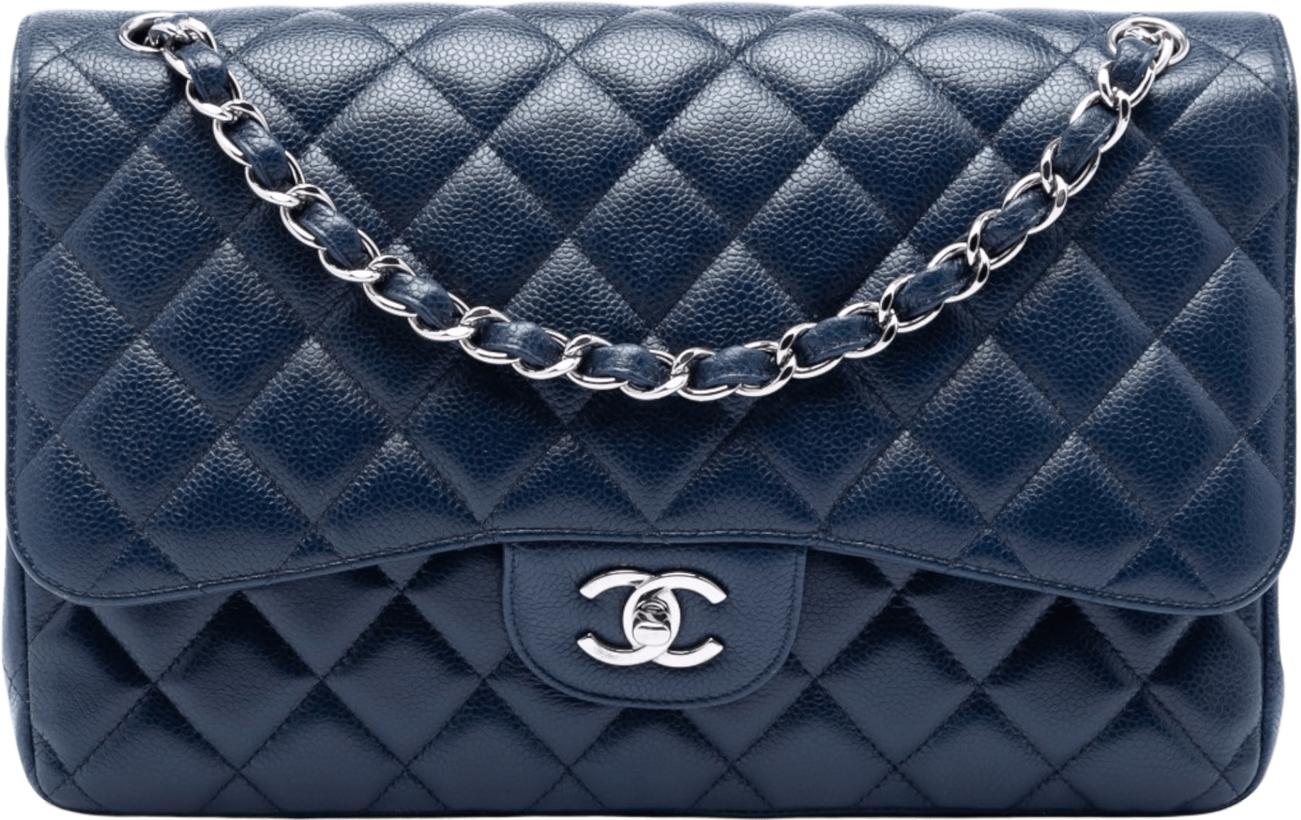 Chanel Jumbo Classic Caviar Double Flap, från Luxclusif, i färgen dark blue.