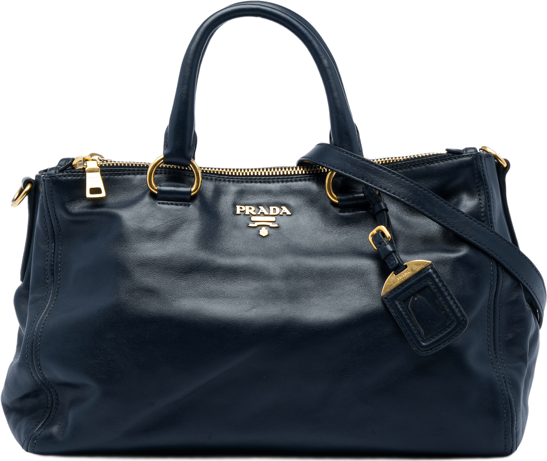 Prada Soft Calf Double Zip Convertible Tote, från Luxclusif, i färgen blå.