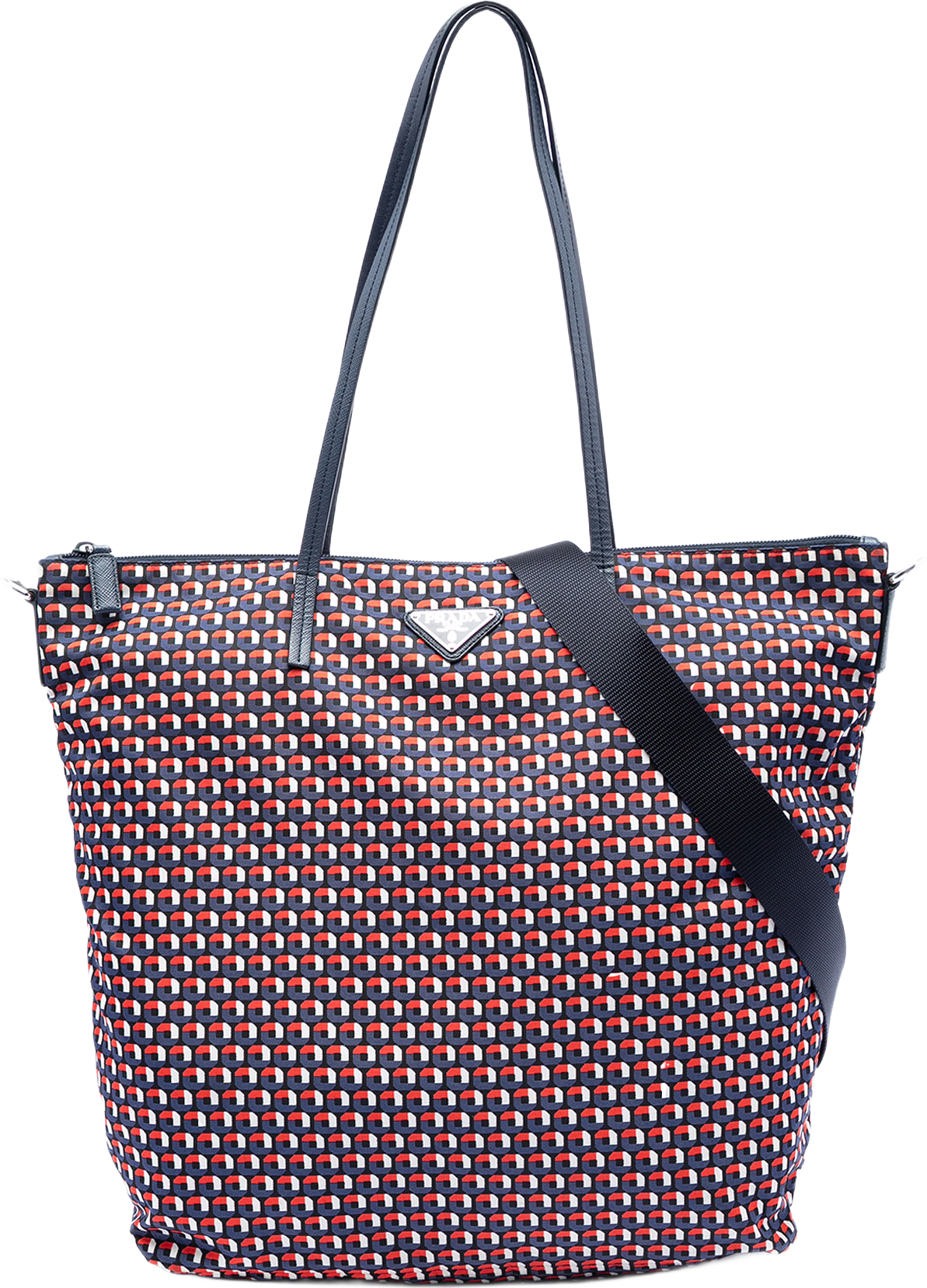 Prada Saffiano Trimmed Tessuto Stampato Satchel, från Luxclusif, i färgen navy.