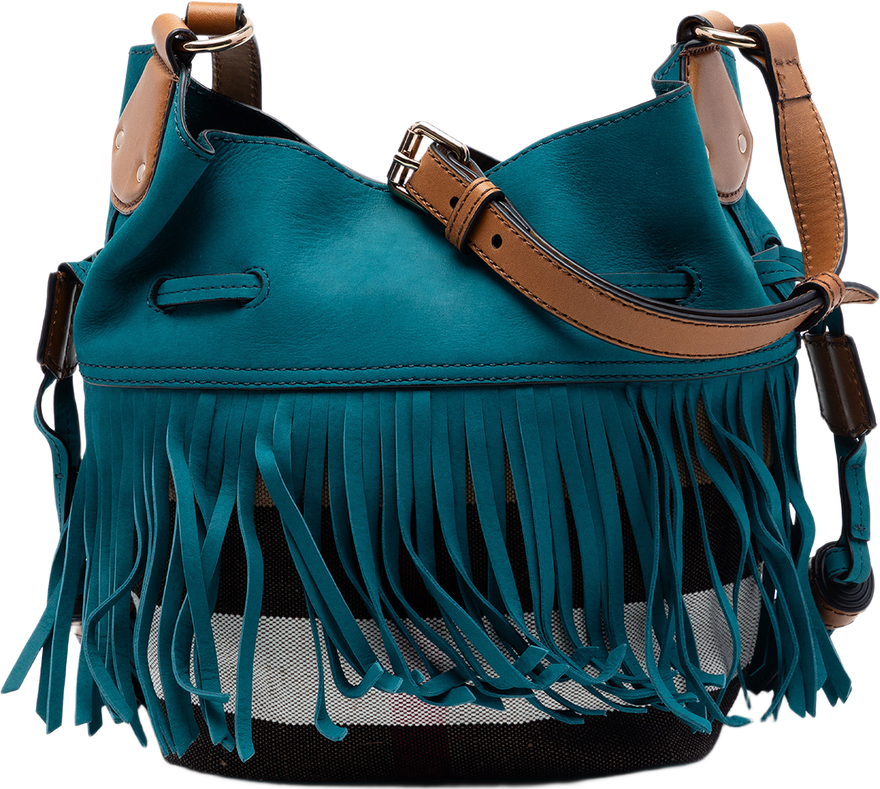 Burberry Small Mega Check Canvas And Suede Fringe Belgrove Bucket Bag, från Luxclusif, i färgen brun.