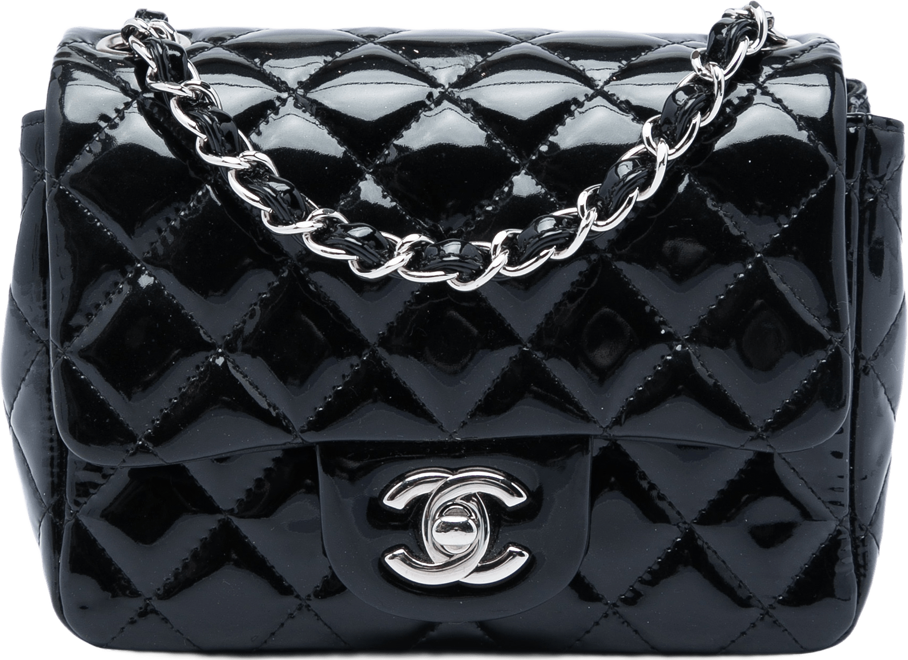 Chanel Mini Square Classic Patent Single Flap, från Luxclusif, i färgen svart.