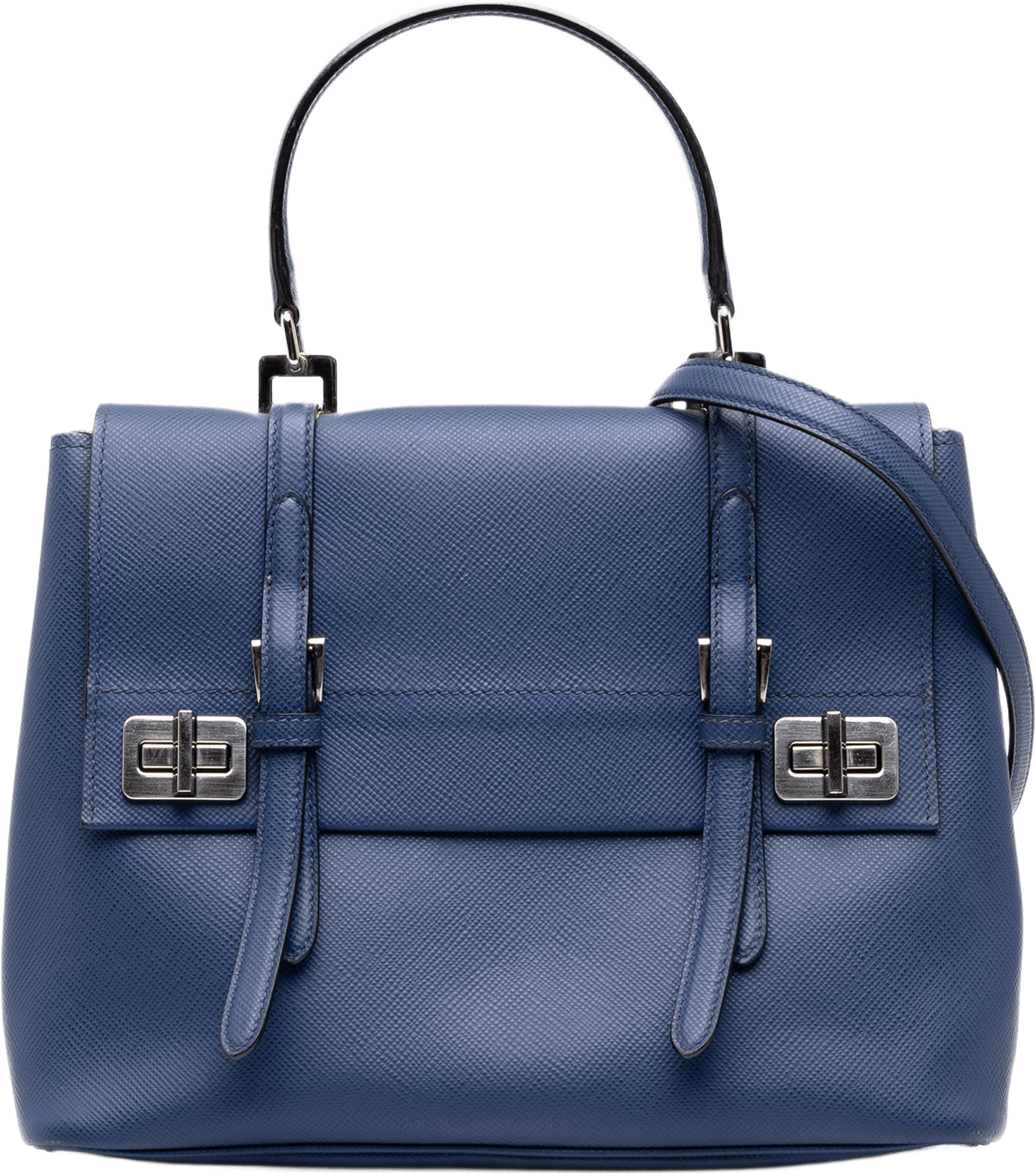 Prada Medium Saffiano Cuir Double Turnlock Satchel, från Luxclusif, i färgen blå.
