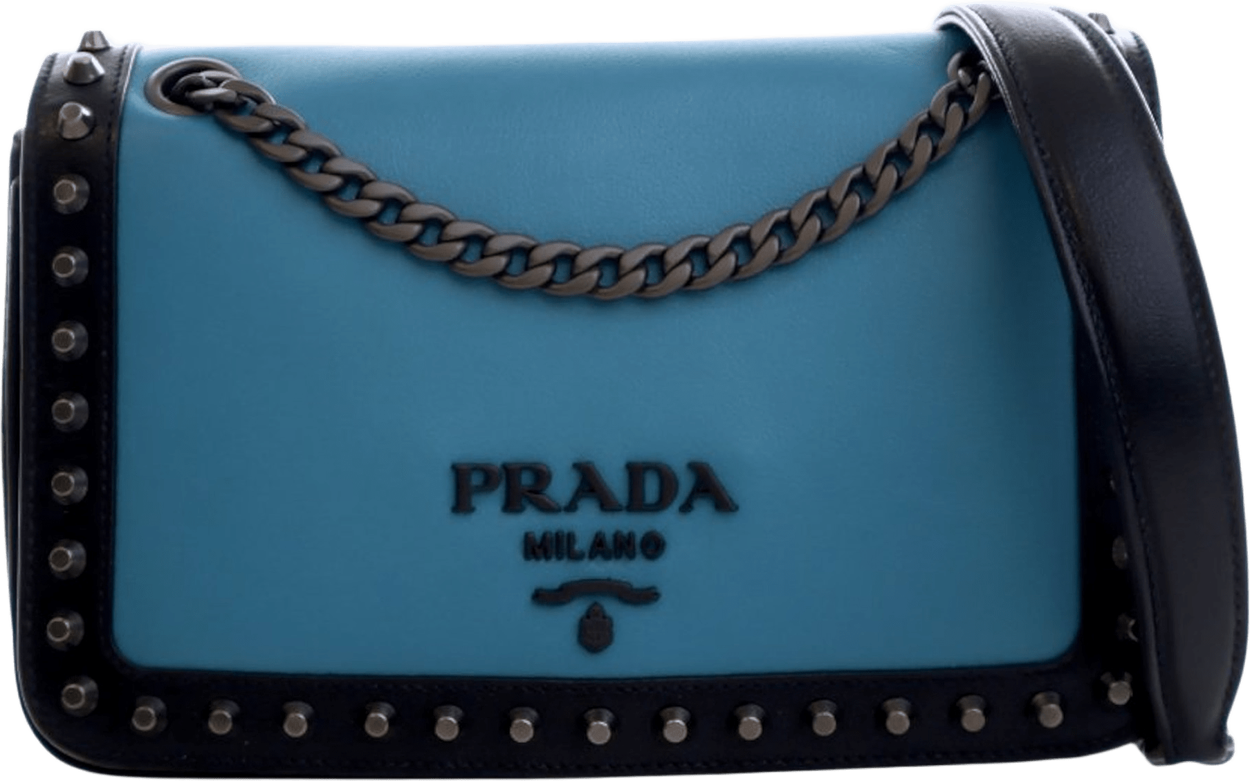 Prada Bicolor Glace Calfskin Studded Crossbody, från Luxclusif, i färgen blue.