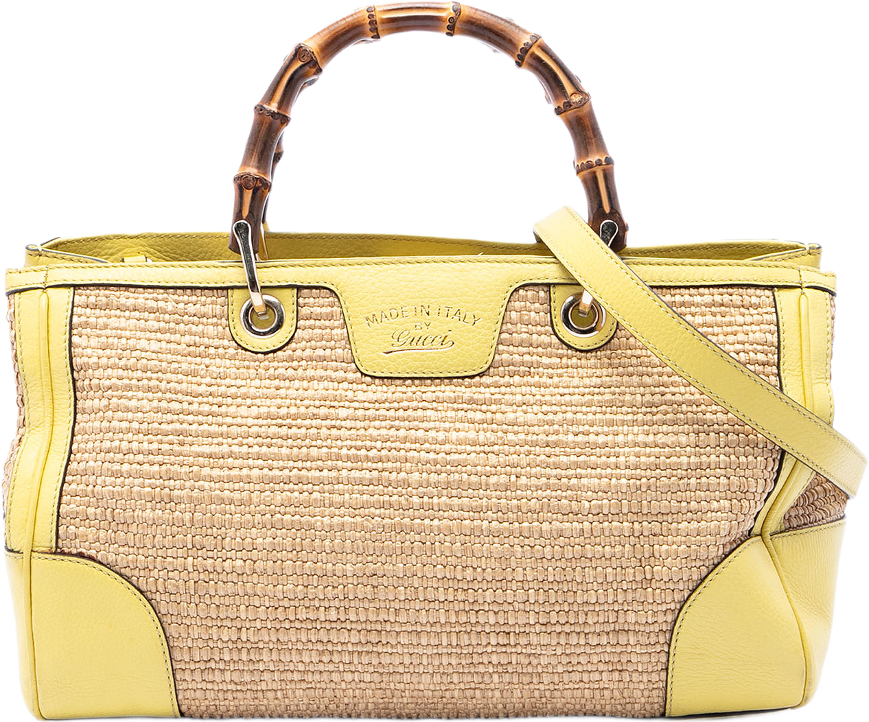 Gucci Medium Raffia Bamboo Shopper Satchel, från Luxclusif, i färgen beige.