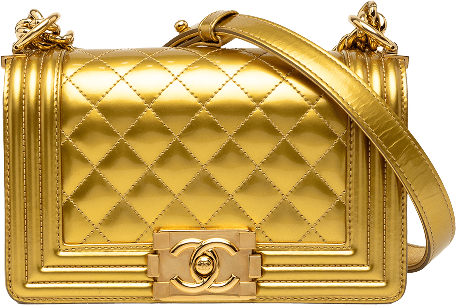 Chanel Small Quilted Metallic Patent Boy Flap, från Luxclusif, i färgen gold.