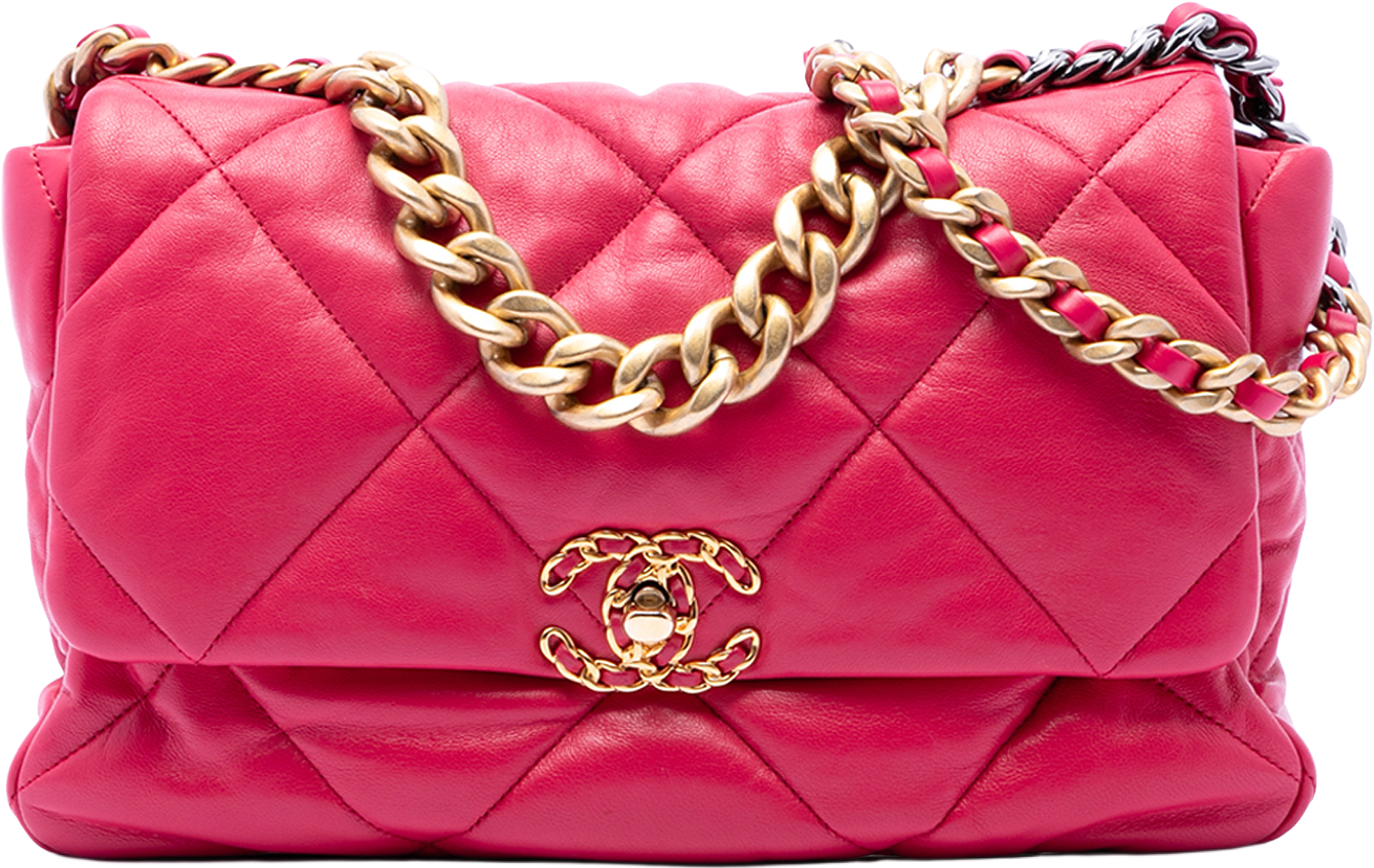 Chanel Large Lambskin 19 Flap, från Luxclusif, i färgen dark pink.