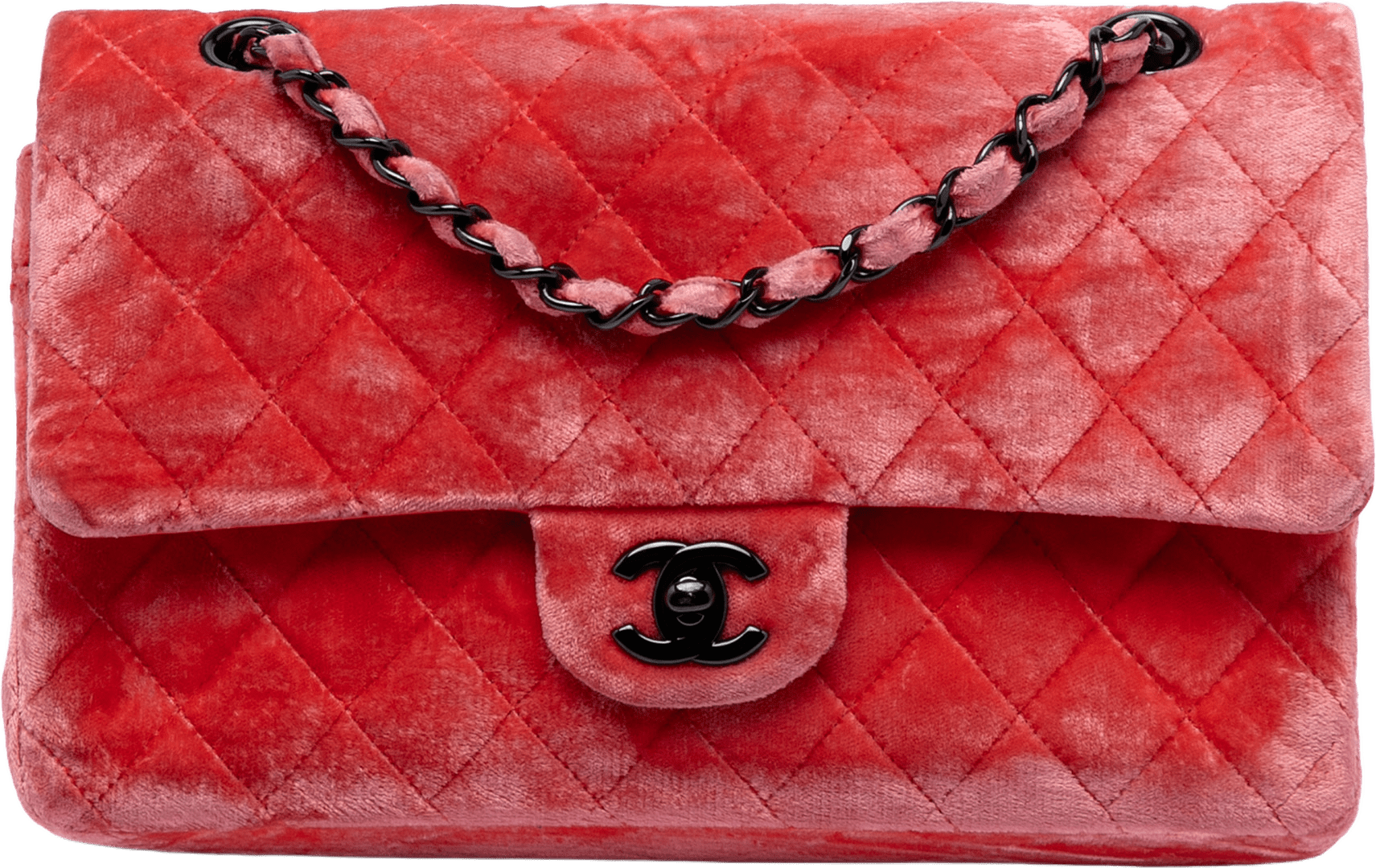 Chanel Medium Classic Velvet Double Flap, från Luxclusif, i färgen red.