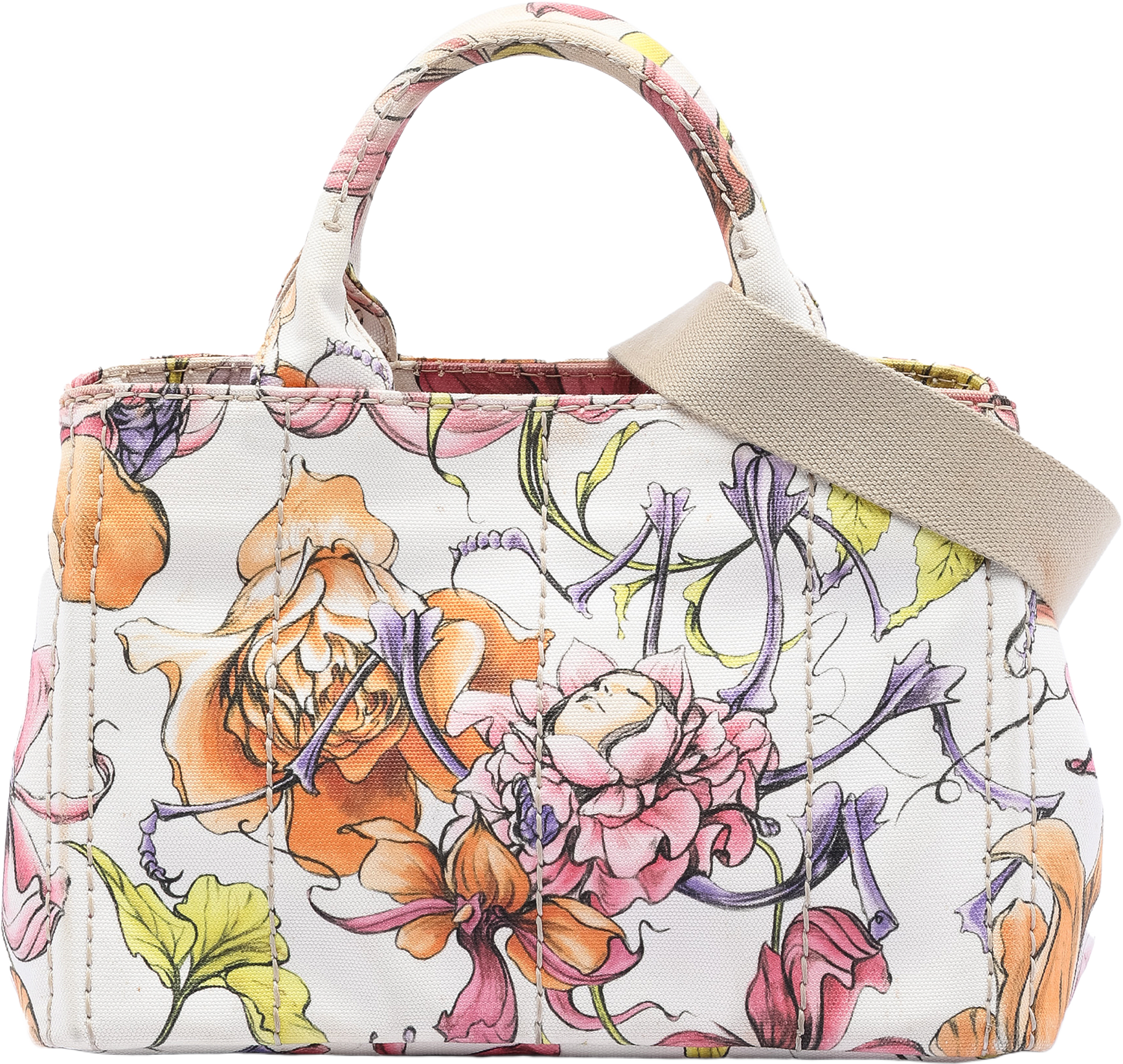 Prada Small Floral Printed Canvas Canapa Satchel, från Luxclusif, i färgen white.