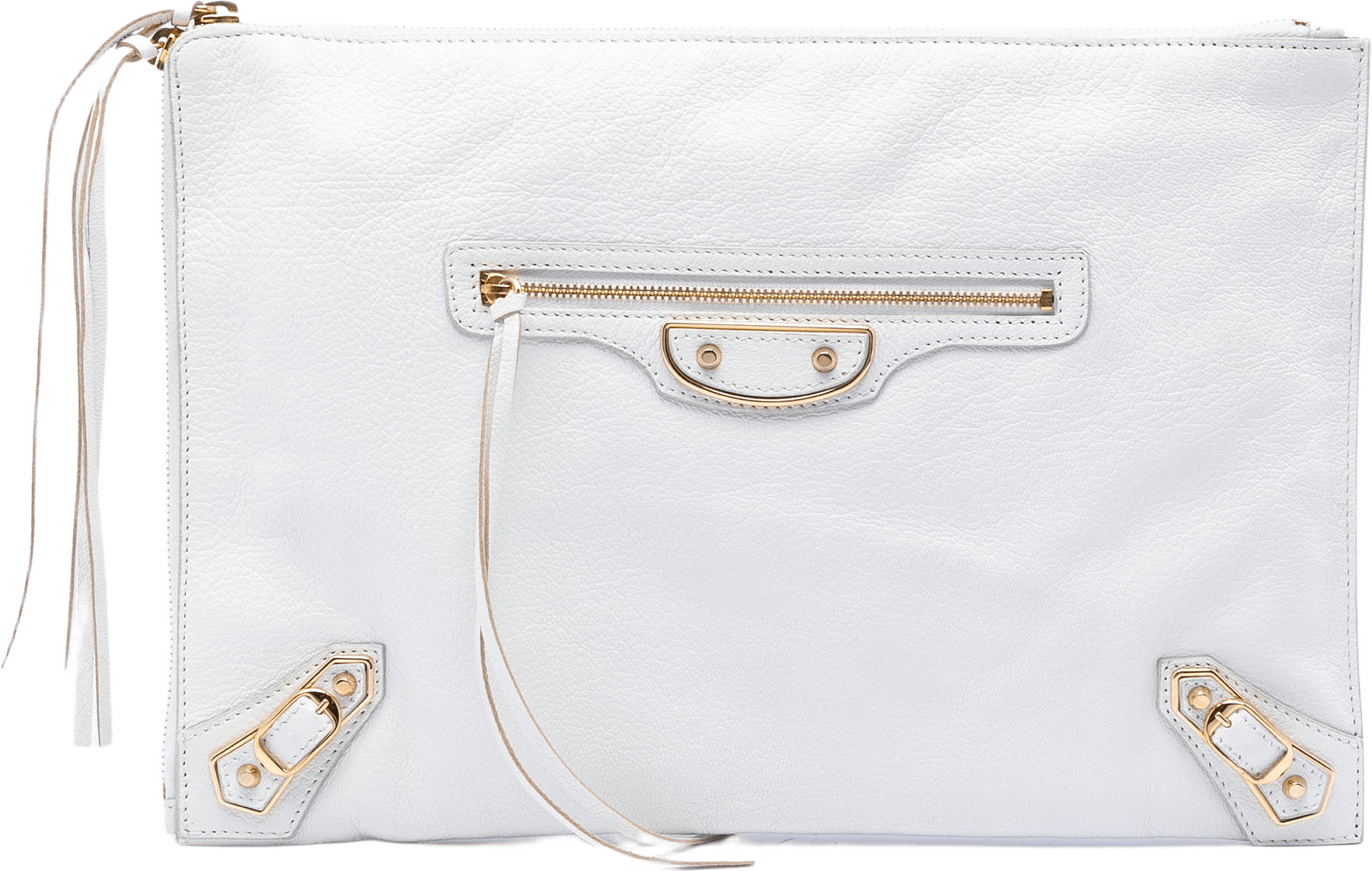 Balenciaga Chevre Motocross Classic Metallic Edge Clutch, från Luxclusif, i färgen white.