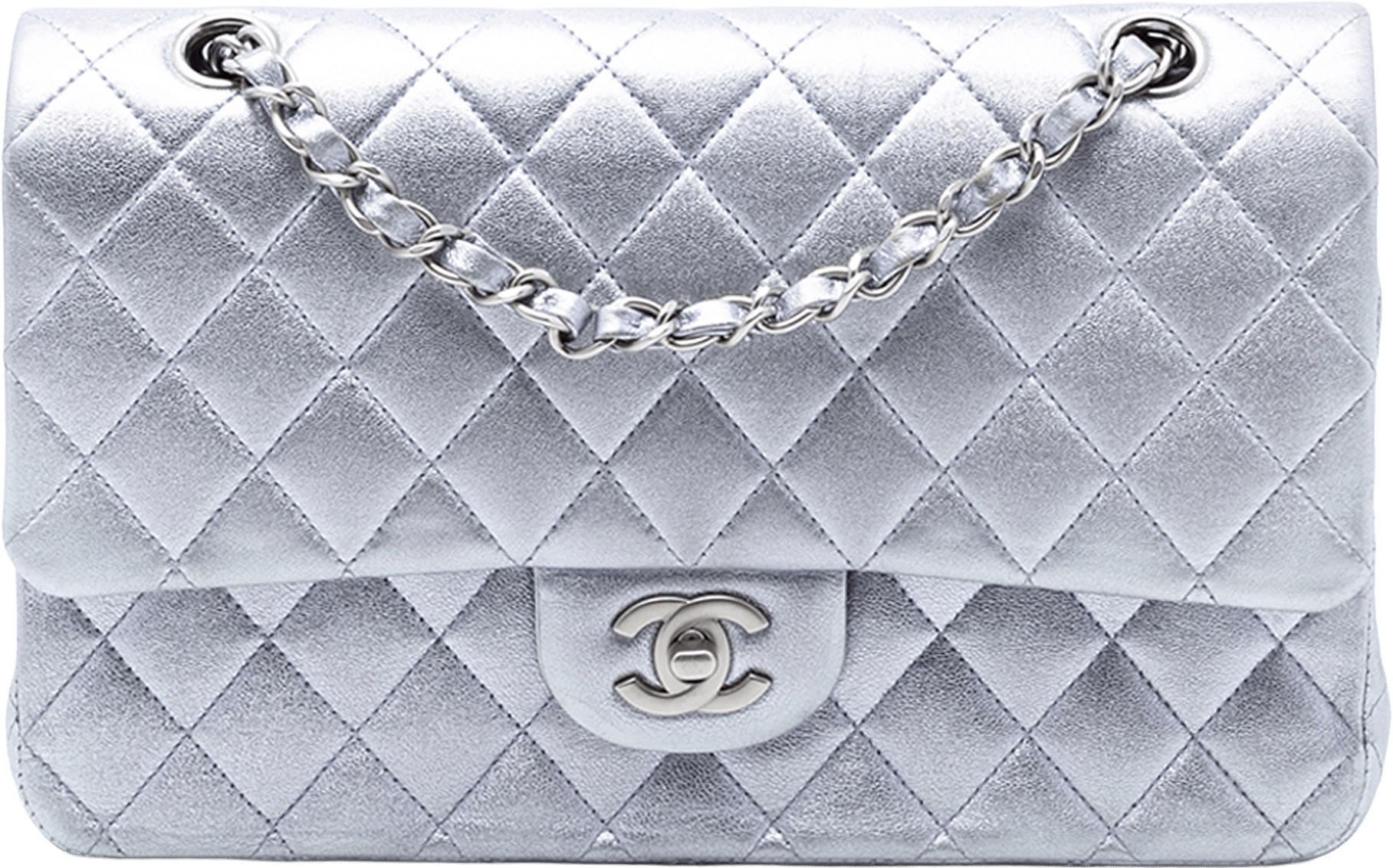 Chanel Medium Classic Metallic Lambskin Double Flap, från Luxclusif, i färgen silver.