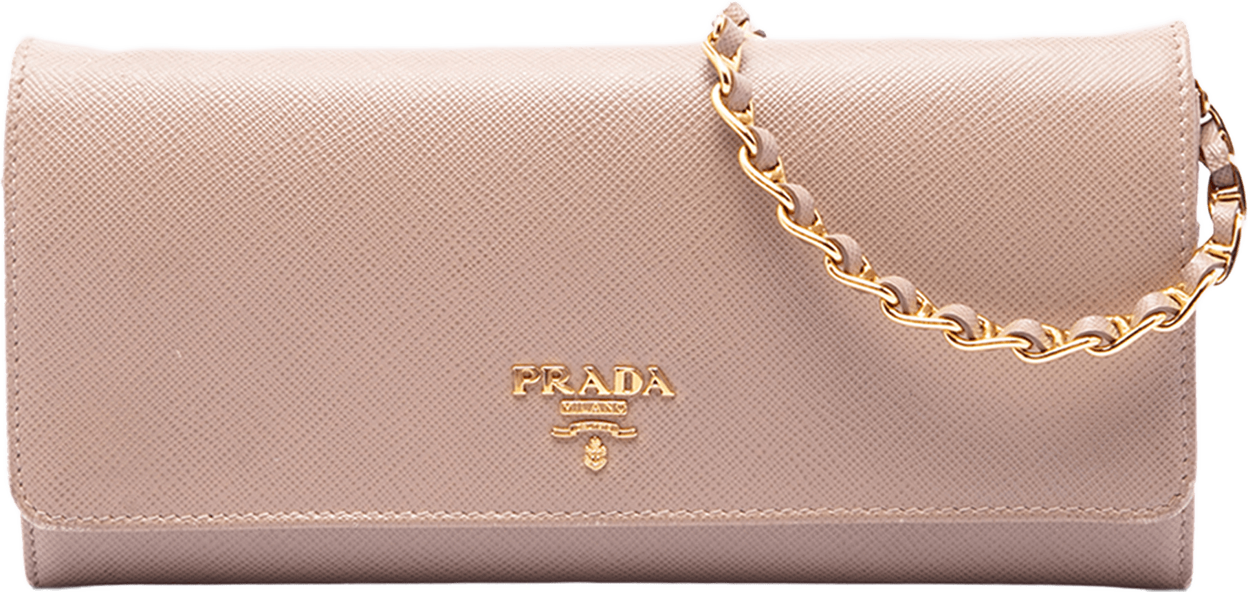 Prada Saffiano Lux Wallet On Chain, från Luxclusif, i färgen brun.